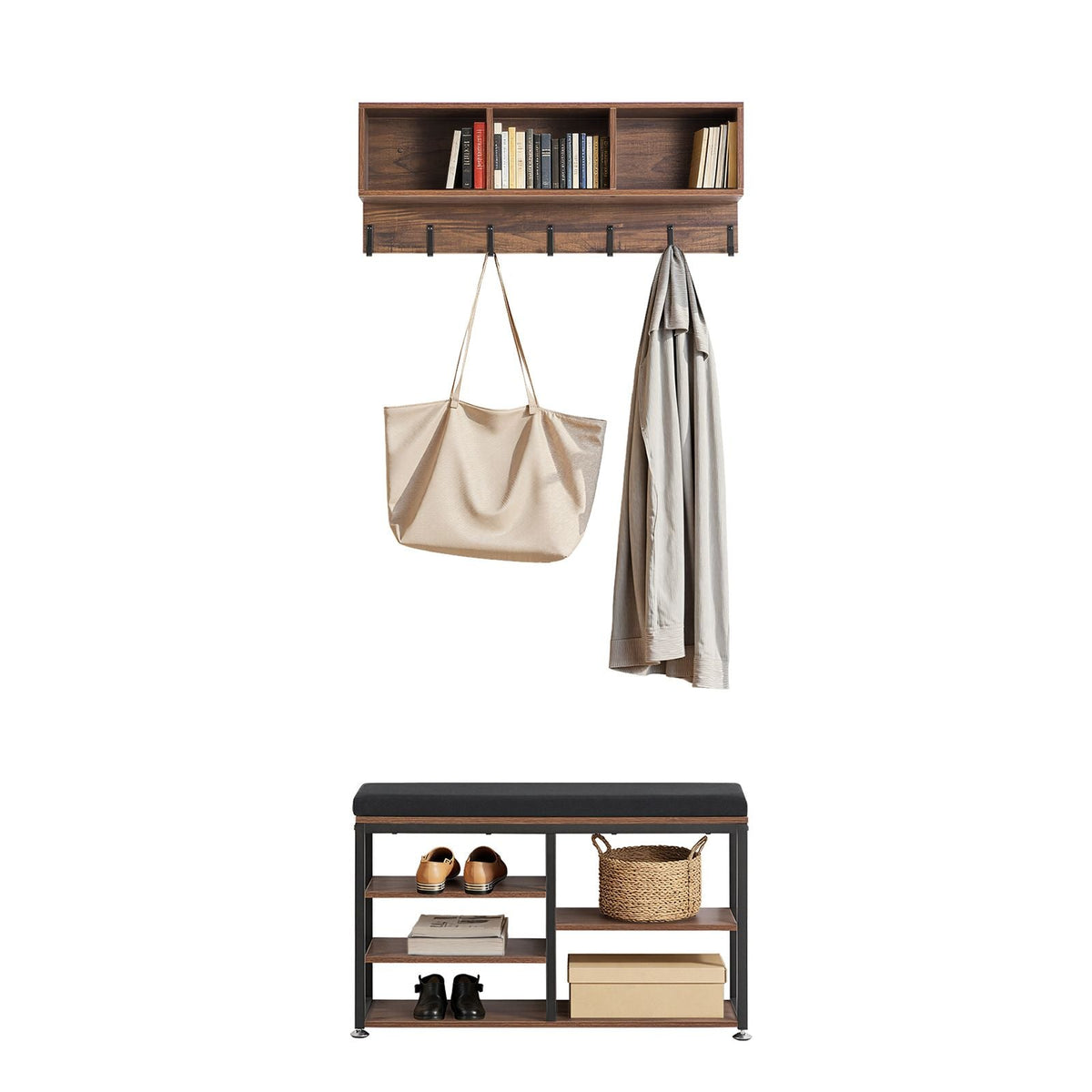 Coat Rack with Shoe Bench, 3-in-1 Shoe Coat Rack Combo Set with Hooks and Bookshelf, Steel Frame Hall Tree Entrance Storage Organizer Holder for Entry, Bedroom, Closet, Office, Rustic Brown