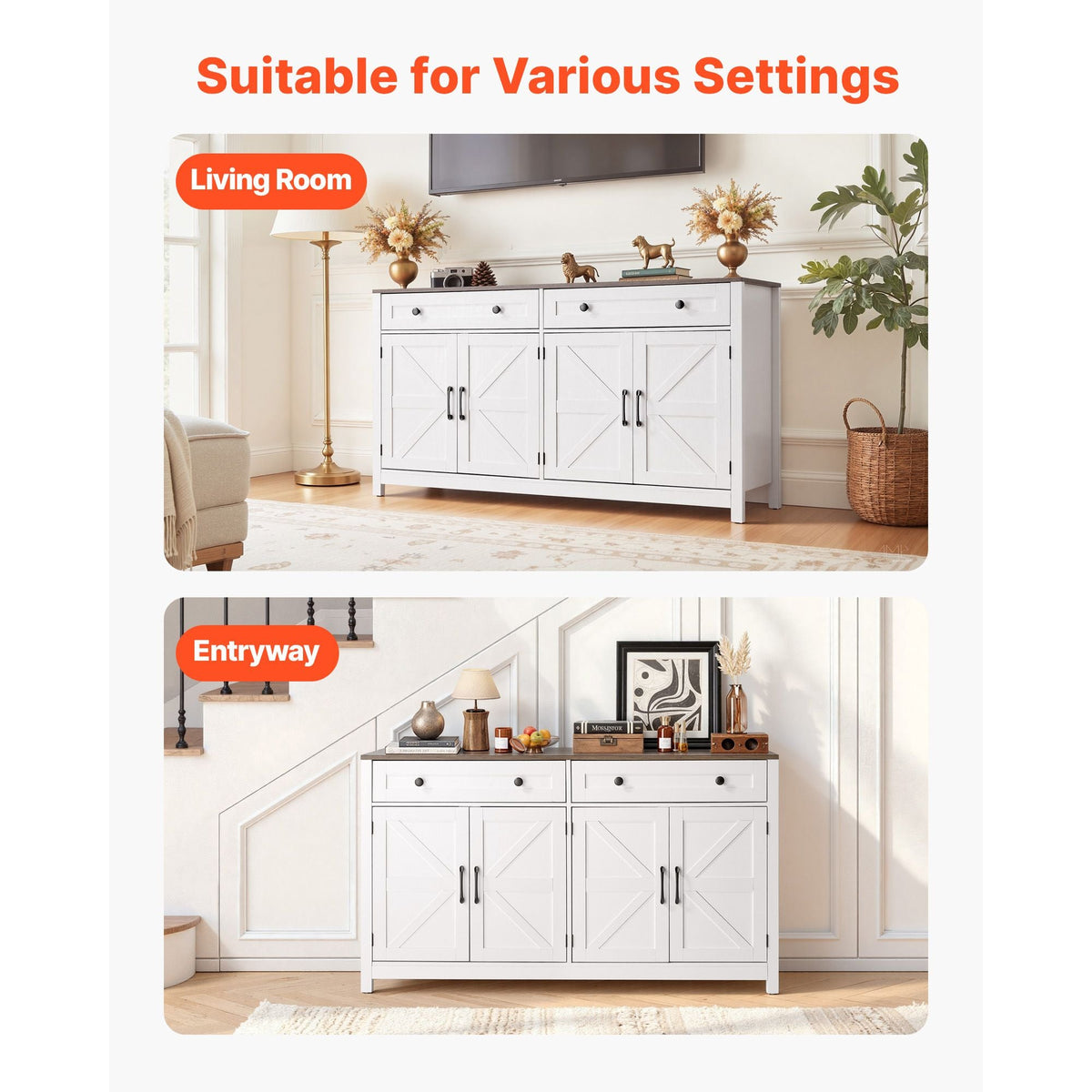 Coffee Bar Cabinet, Farmhouse Coffee Bar Table with 2 Drawers, Buffet Stand Cabinet with 4 Barn Doors, Sideboard Buffet Station for Living Room, Entryway, Kitchen, 55.1 x 15.5 x 31.5 in, White