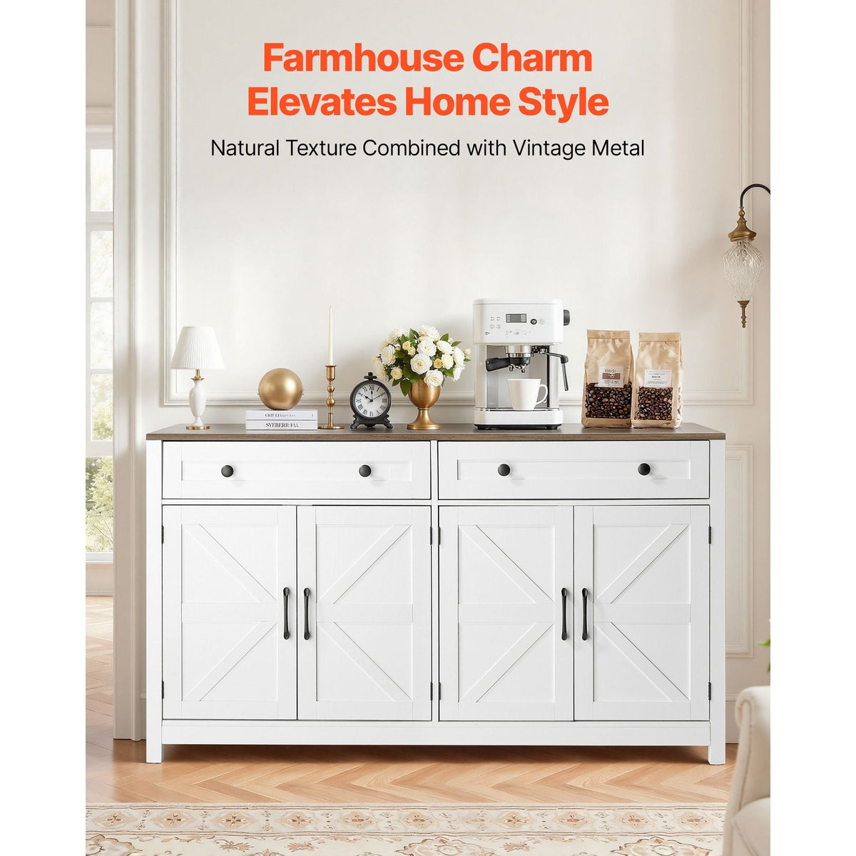 Coffee Bar Cabinet, Farmhouse Coffee Bar Table with 2 Drawers, Buffet Stand Cabinet with 4 Barn Doors, Sideboard Buffet Station for Living Room, Entryway, Kitchen, 55.1 x 15.5 x 31.5 in, White