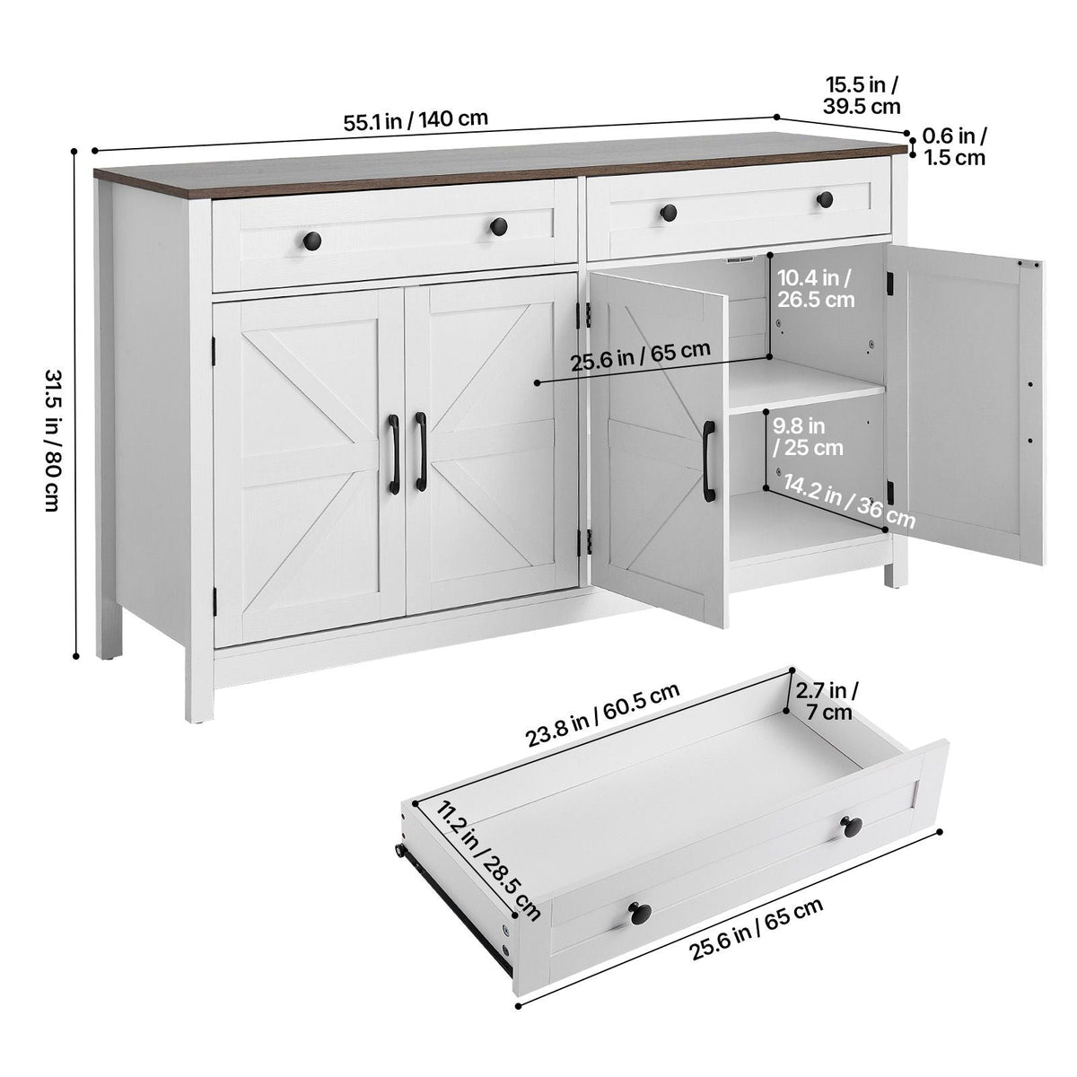 Coffee Bar Cabinet, Farmhouse Coffee Bar Table with 2 Drawers, Buffet Stand Cabinet with 4 Barn Doors, Sideboard Buffet Station for Living Room, Entryway, Kitchen, 55.1 x 15.5 x 31.5 in, White