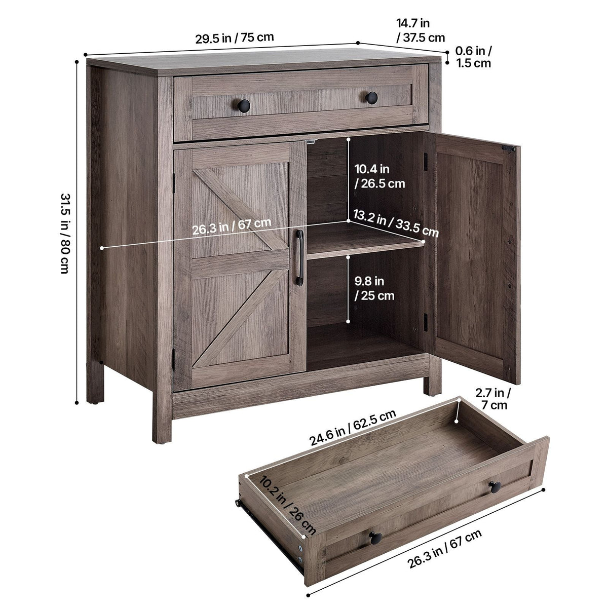 Coffee Bar Cabinet, Farmhouse Coffee Bar Table with Drawer, Buffet Stand Cabinet with 2 Barn Doors, Sideboard Buffet Station for Living Room, Entryway, Kitchen, 29.5 x 14.7 x 31.5 in, Grey