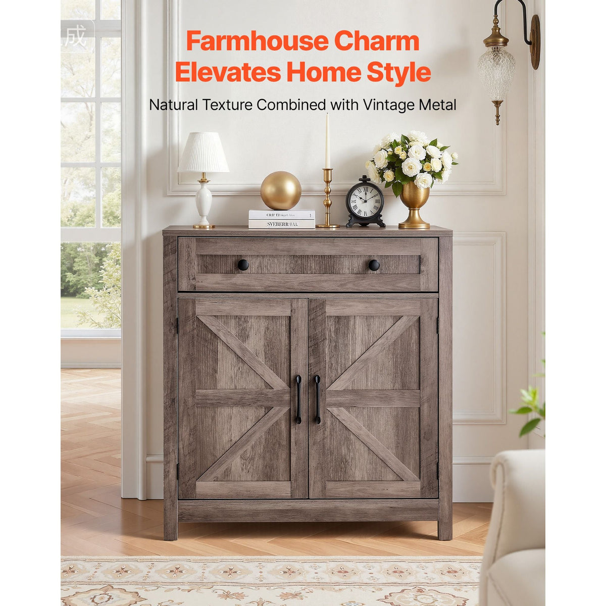 Coffee Bar Cabinet, Farmhouse Coffee Bar Table with Drawer, Buffet Stand Cabinet with 2 Barn Doors, Sideboard Buffet Station for Living Room, Entryway, Kitchen, 29.5 x 14.7 x 31.5 in, Grey