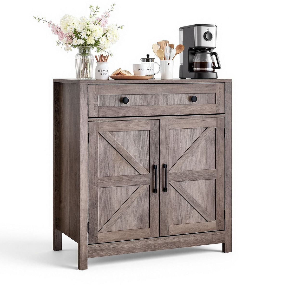 Coffee Bar Cabinet, Farmhouse Coffee Bar Table with Drawer, Buffet Stand Cabinet with 2 Barn Doors, Sideboard Buffet Station for Living Room, Entryway, Kitchen, 29.5 x 14.7 x 31.5 in, Grey