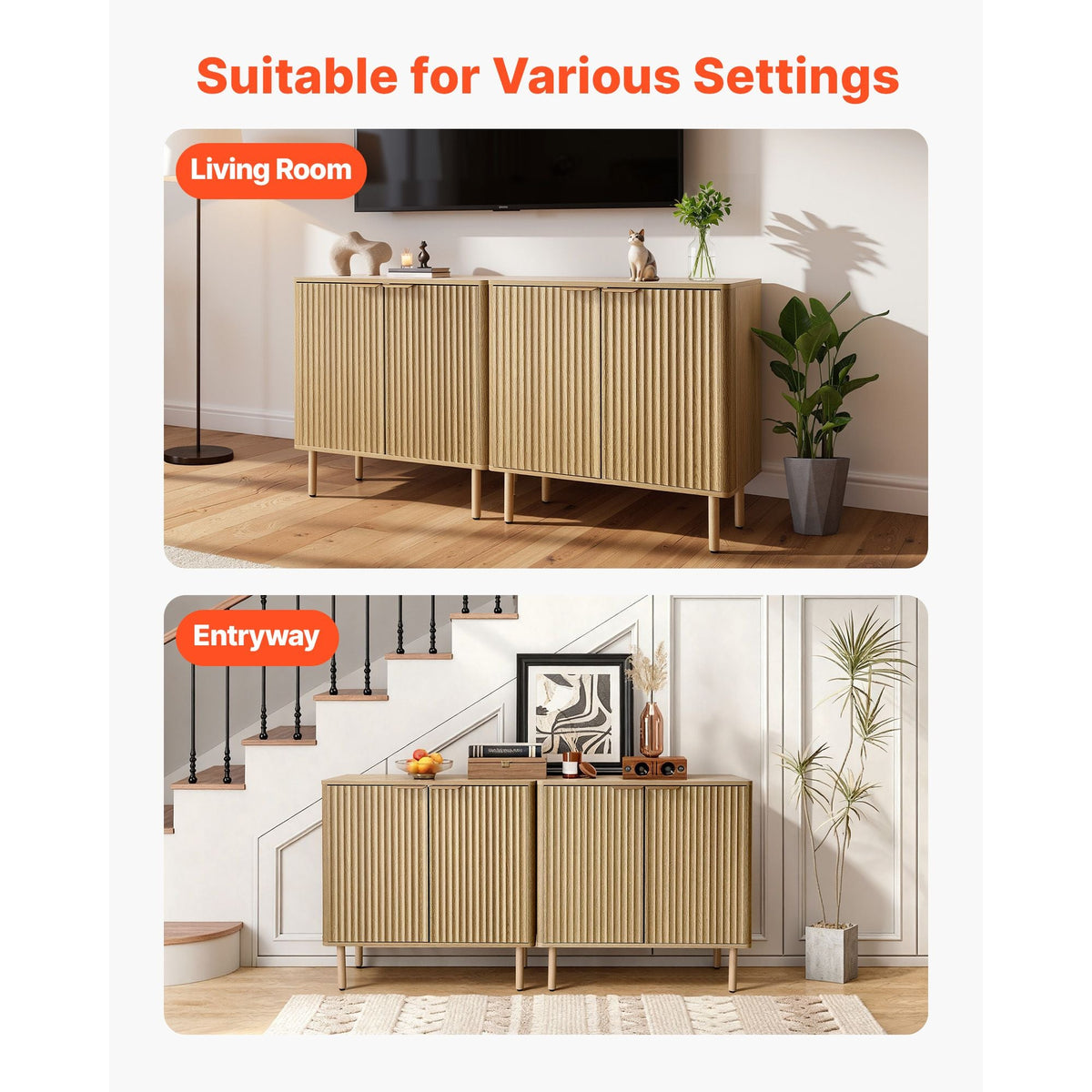Coffee Bar Cabinet, Mid Century Fluted Coffee Bar Table with 2-Tier Storage, Buffet Stand Cabinet with 4 Barn Doors, Sideboard Buffet Station for Living Room, Entryway, 31.5x14.7x31.5 in(Single)