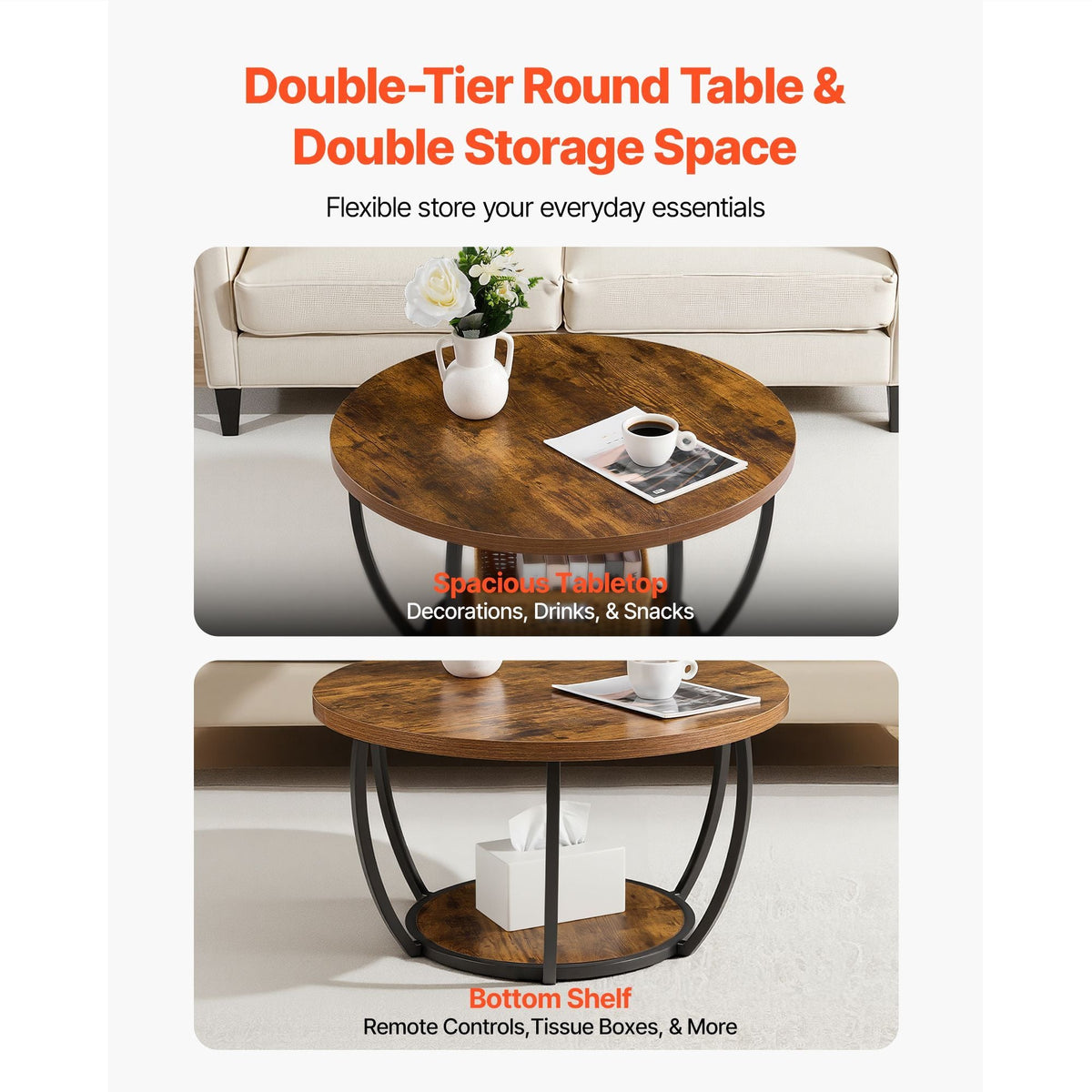 Coffee Table, Modern Round Coffee Table, 2 Tiers Wooden Circle Center Desk with Open Storage, Minimalist Sturdy Metal Frame Accent End Desk for Living Room, Office, Easy Assembly, Rustic Brown