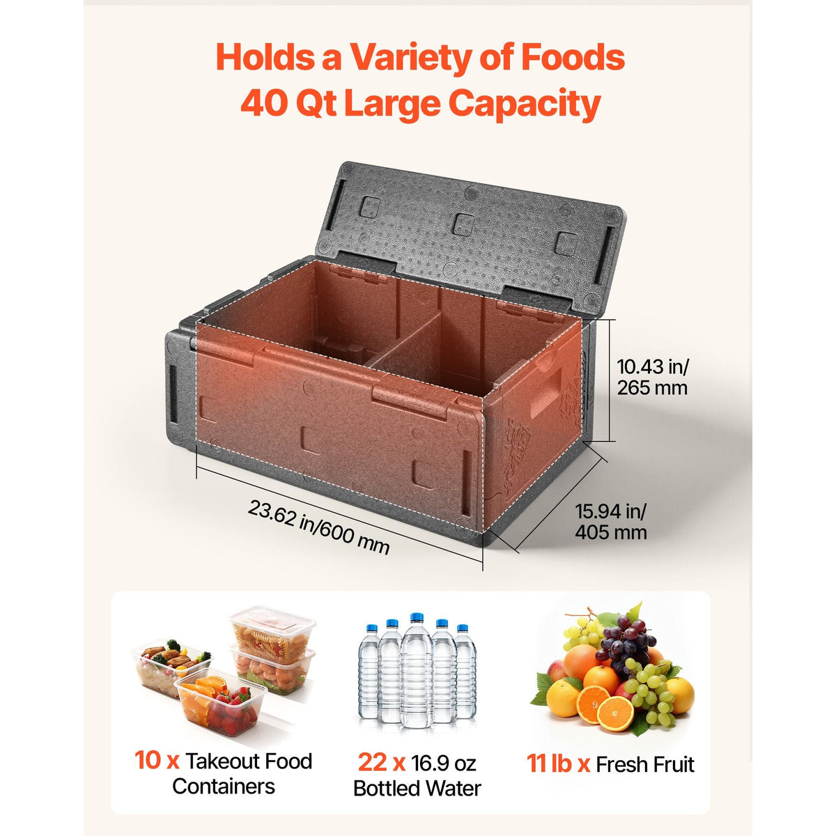 Collapsible Insulated Food Warmer, 40 Qt Non-Electrical Thermal Carrier, Lightweight and High-rigidity EPP Hot Box, for Delivery, Transport, Catering BBQ Event, Keeps Warm/Cold 4 Hours (Gray)