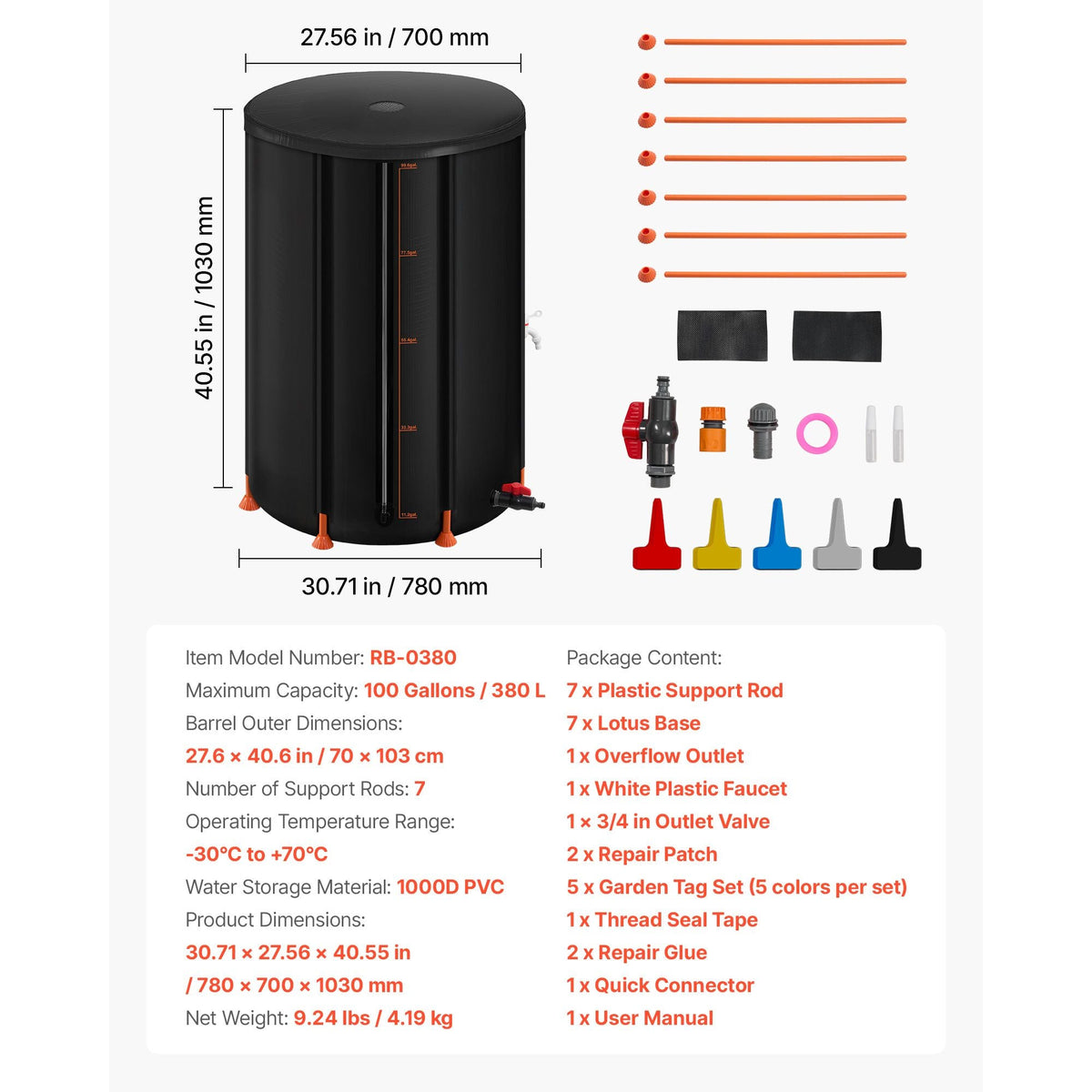Collapsible Rain Barrel, 100 Gallon Portable Rain Water Collection Barrel, 1000D PVC Rainwater Collection System, Garden Water Catcher Tank Storage Container with Spigot & Overflow Kit, Black