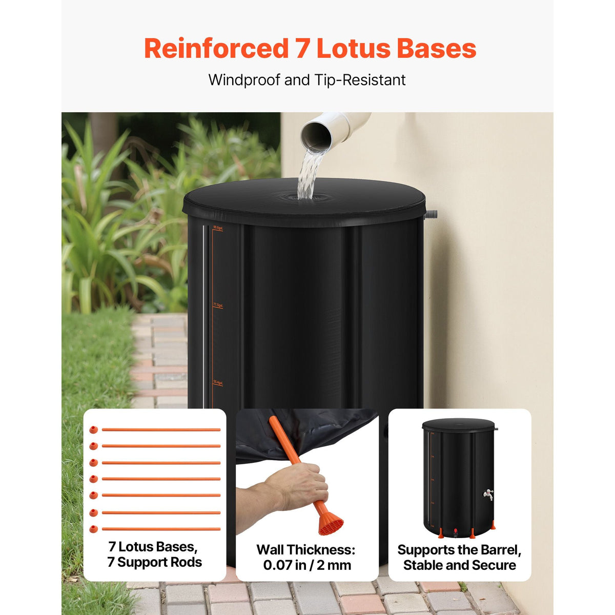 Collapsible Rain Barrel, 100 Gallon Portable Rain Water Collection Barrel, 1000D PVC Rainwater Collection System, Garden Water Catcher Tank Storage Container with Spigot & Overflow Kit, Black