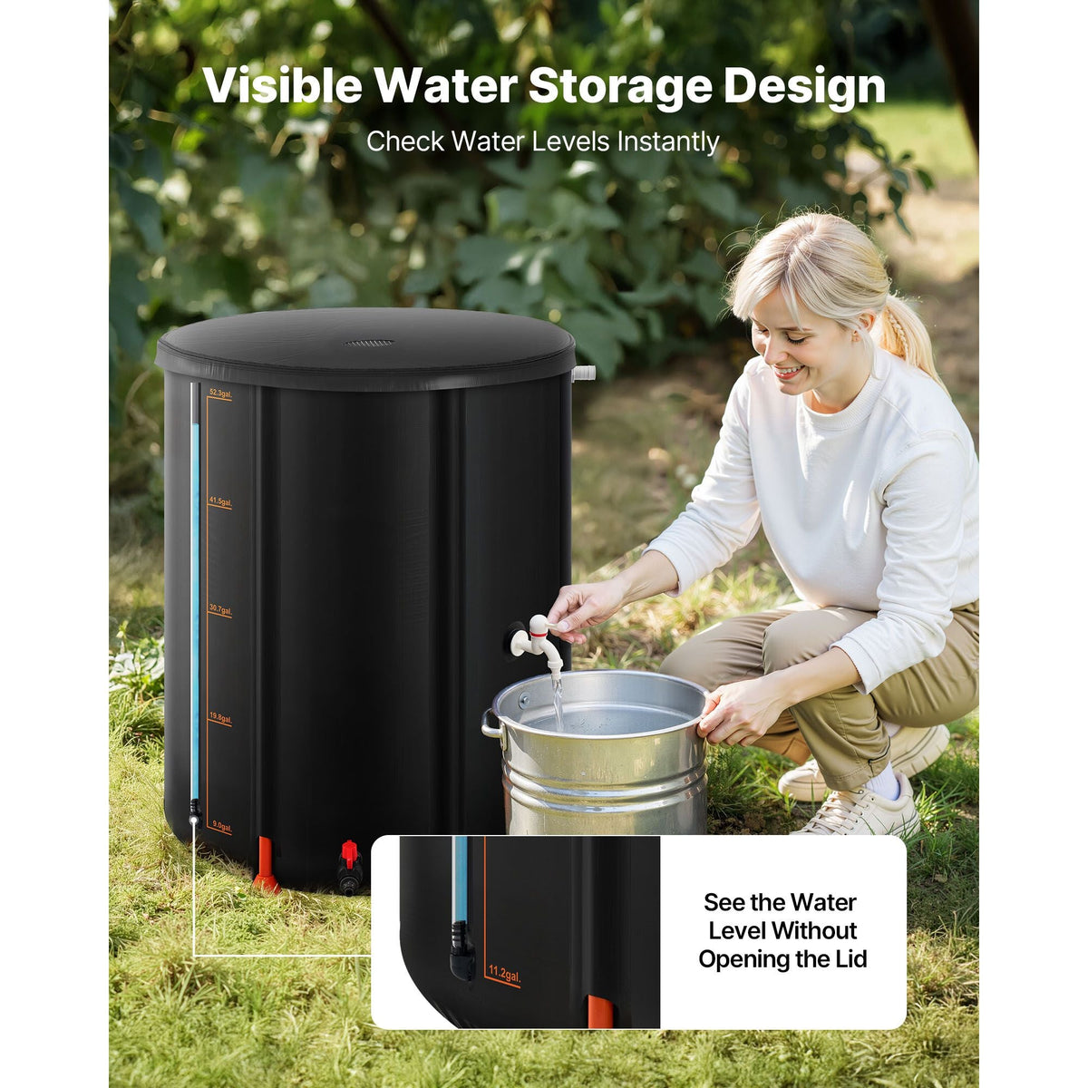 Collapsible Rain Barrel, 53 Gallon Portable Rain Water Collection Barrel, 1000D PVC Rainwater Collection System, Garden Water Catcher Tank Storage Container with Spigot & Overflow Kit, Black