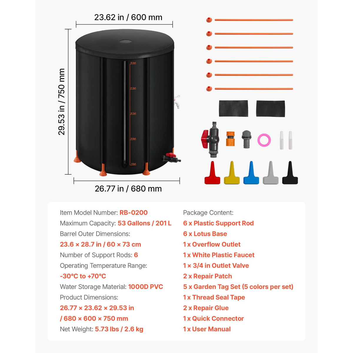 Collapsible Rain Barrel, 53 Gallon Portable Rain Water Collection Barrel, 1000D PVC Rainwater Collection System, Garden Water Catcher Tank Storage Container with Spigot & Overflow Kit, Black