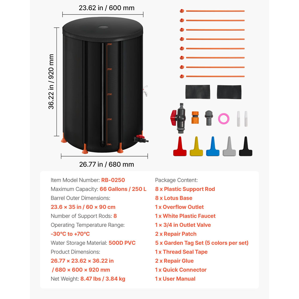 Collapsible Rain Barrel, 66 Gallon Portable Rain Water Collection Barrel, 500D PVC Rainwater Collection System, Garden Water Catcher Tank Storage Container with Spigot & Overflow Kit, Black