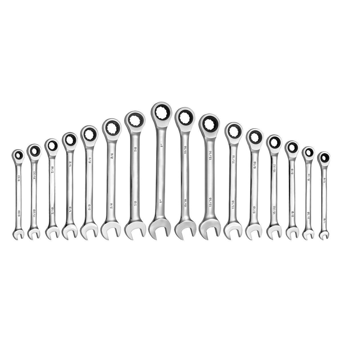 Combination Wrench Set, 16-Piece SAE Sizes, 72 Teeth, Cr-V Steel Ratcheting Wrench Set, with Roll Up Pouch, Open End, Clear Size Labels, for General Household and Automotive Repairs, Silver