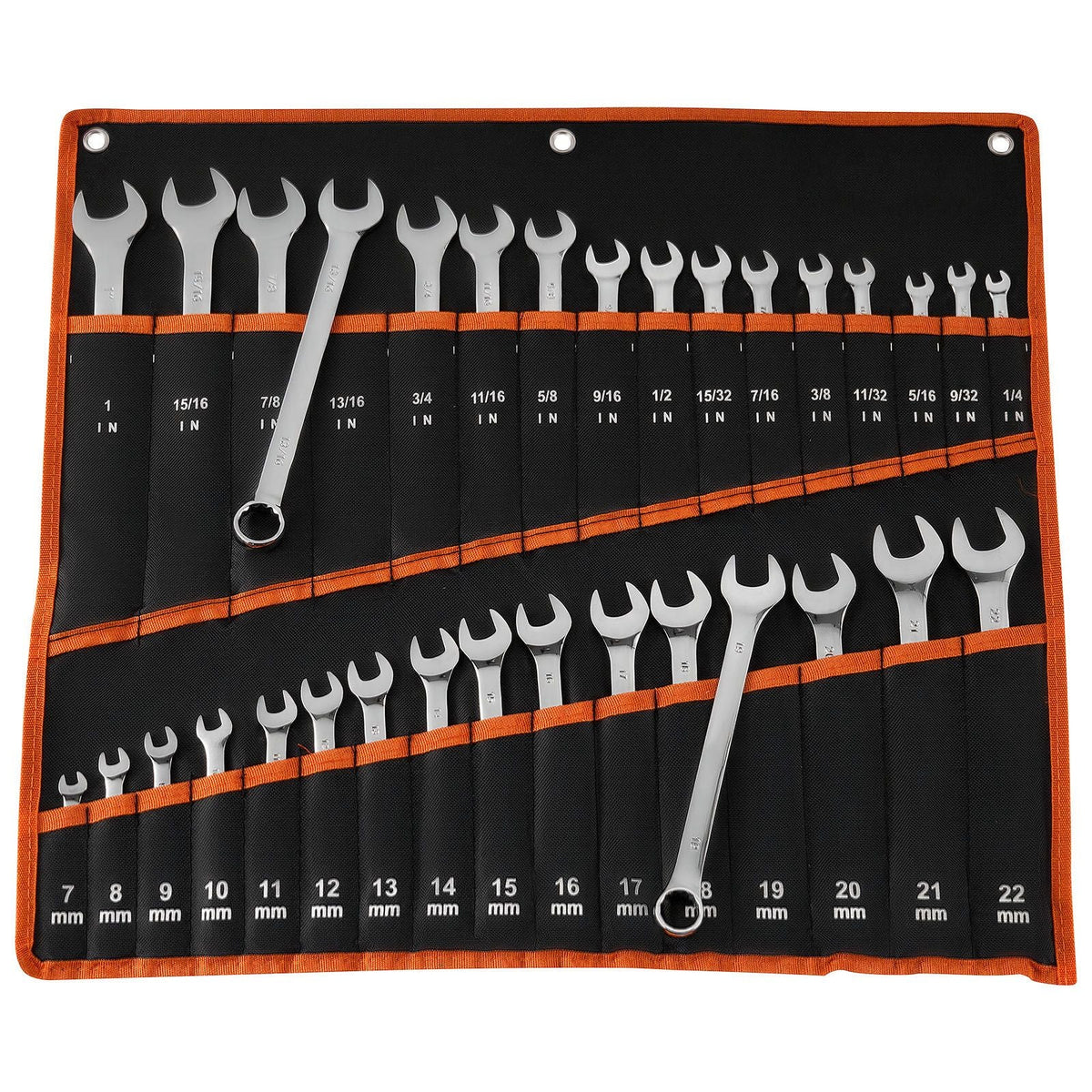 Combination Wrench Set, 32-Piece SAE and Metric, 12-Point Box End and 15° Angled Open End Combination Wrenches with Roll Up Pouch, Carbon Steel, for General Household and Automotive Repairs