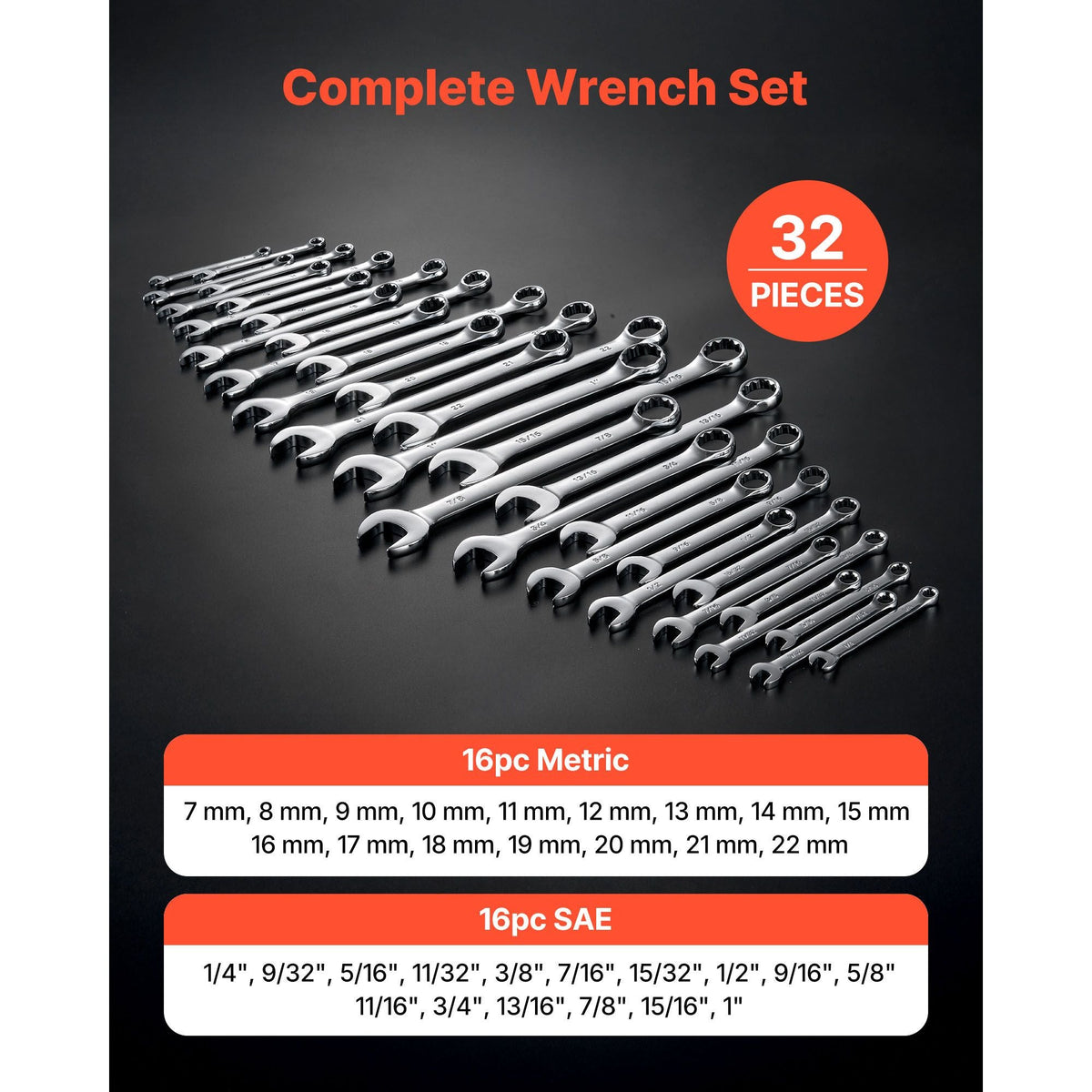 Combination Wrench Set, 32-Piece SAE and Metric, 12-Point Box End and 15° Angled Open End Combination Wrenches with Roll Up Pouch, Carbon Steel, for General Household and Automotive Repairs