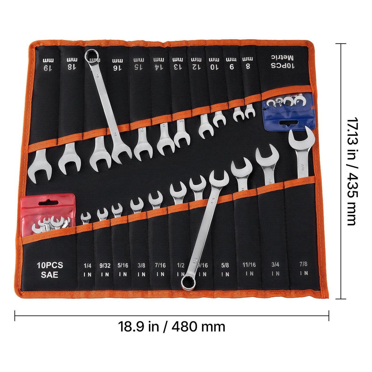 Combination Wrench Set, 42-Piece SAE and Metric, 12-Point Box End and 15° Angled Open End Combination Wrenches with Roll Up Pouch, Carbon Steel, for General Household and Automotive Repairs