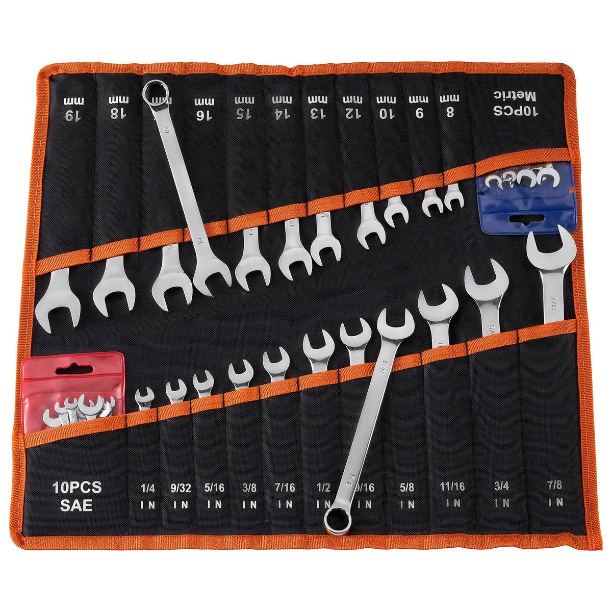 Combination Wrench Set, 42-Piece SAE and Metric, 12-Point Box End and 15° Angled Open End Combination Wrenches with Roll Up Pouch, Carbon Steel, for General Household and Automotive Repairs