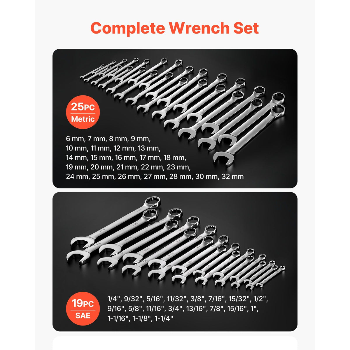 Combination Wrench Set, 44-Piece SAE and Metric, 12-Point Box End and 15° Angled Open End Combination Wrenches with Roll Up Pouch, Carbon Steel, for General Household and Automotive Repairs