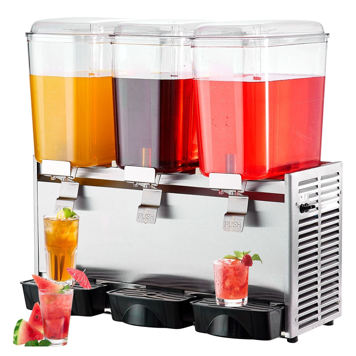 Commercial Beverage Dispenser, 20.4 Qt 18L 3 Tanks Ice Tea Drink Machine, 680W 304 Stainless Steel Juice Dispenser with 41-53.6Fahrenheit Thermostat Controller, for Cold Drink Restaurant Hotel
