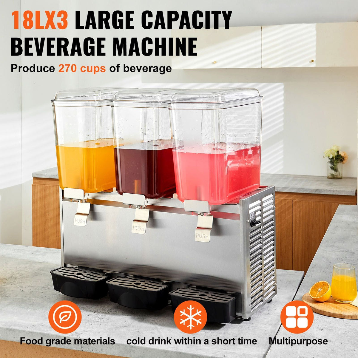 Commercial Beverage Dispenser, 20.4 Qt 18L 3 Tanks Ice Tea Drink Machine, 680W 304 Stainless Steel Juice Dispenser with 41-53.6Fahrenheit Thermostat Controller, for Cold Drink Restaurant Hotel