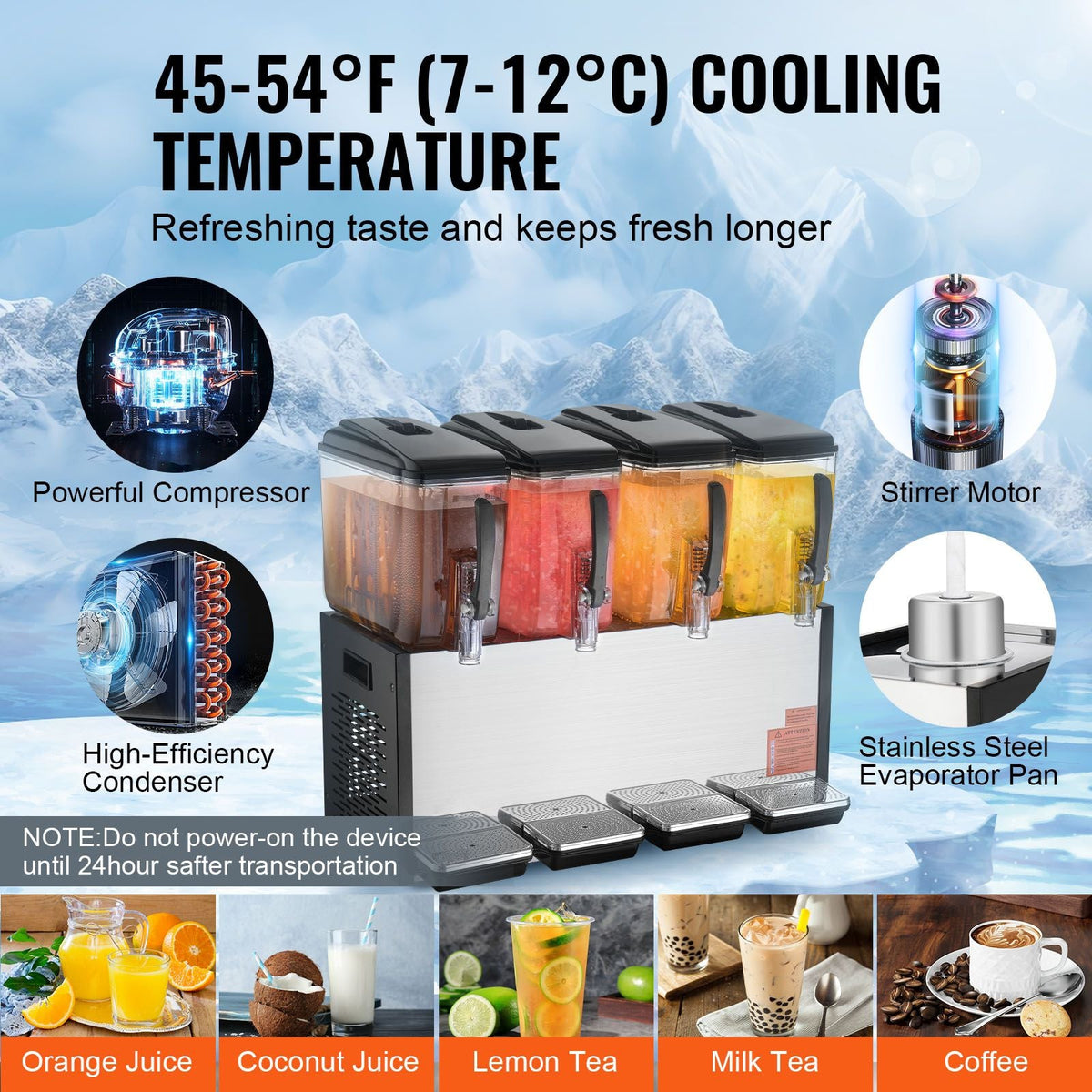 Commercial Beverage Dispenser, 4 Tanks 12 L / 12.7 QT Per Tank Juice Dispenser, 510W Stainless Steel Ice Tea Drink Machine with 45 Fahrenheit -54 Fahrenheit Cooling Temperature