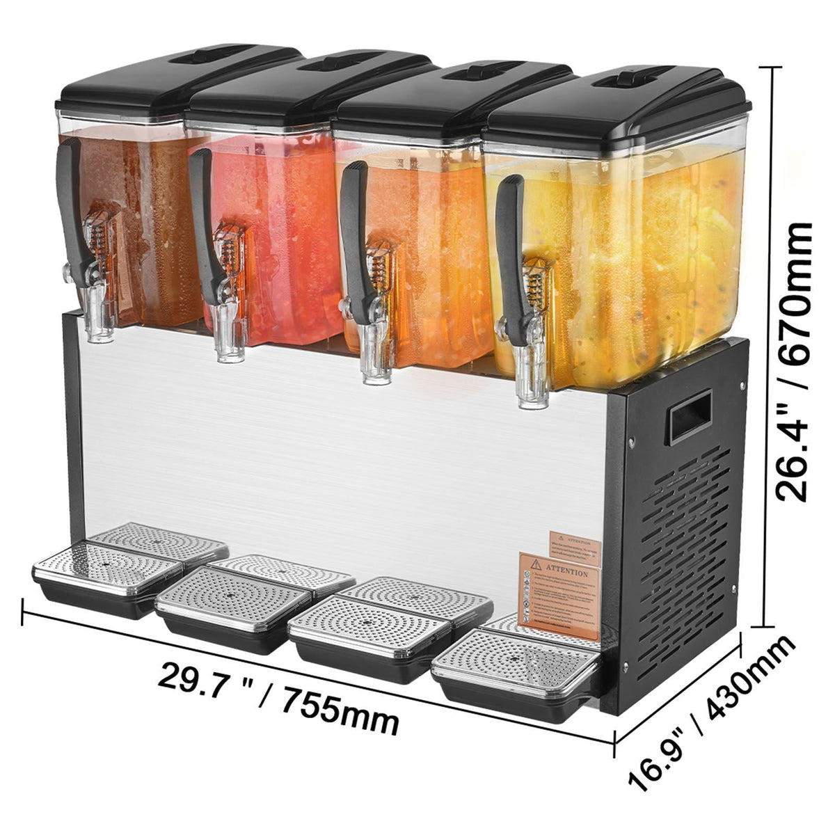 Commercial Beverage Dispenser, 4 Tanks 12 L / 12.7 QT Per Tank Juice Dispenser, 510W Stainless Steel Ice Tea Drink Machine with 45 Fahrenheit -54 Fahrenheit Cooling Temperature