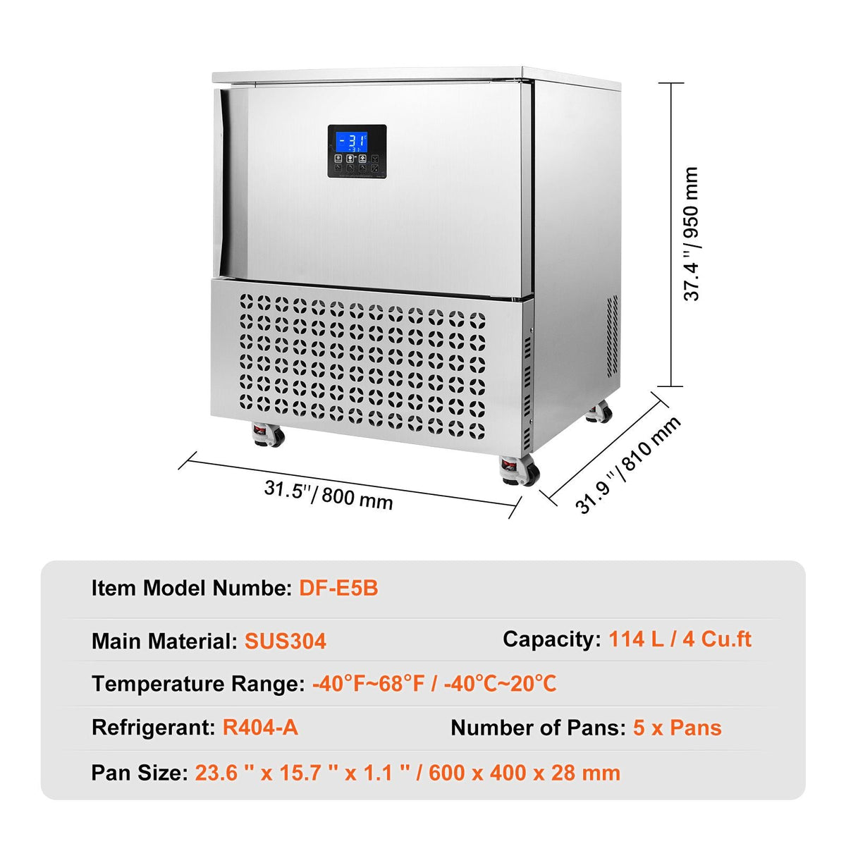 Commercial Blast Freezer, 114 L / 4 Cu.ft Blast Chiller with 5 Trays, Blast Chiller Freezer Chest with 4 Freezing Modes, Stainless Steel Food Blast Freezer with Casters for Restaurant, Seafood
