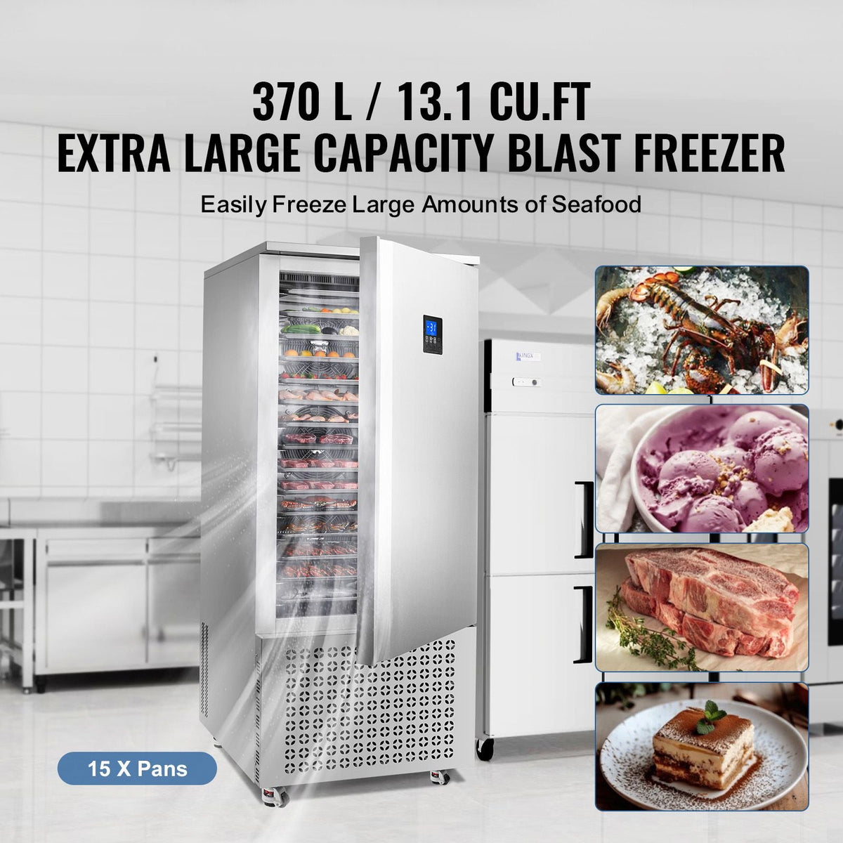 Commercial Blast Freezer, 370 L / 13.1 Cu.ft Blast Chiller with 15 Trays, Blast Chiller Freezer Chest with 4 Freezing Modes, Stainless Steel Food Blast Freezer with Casters