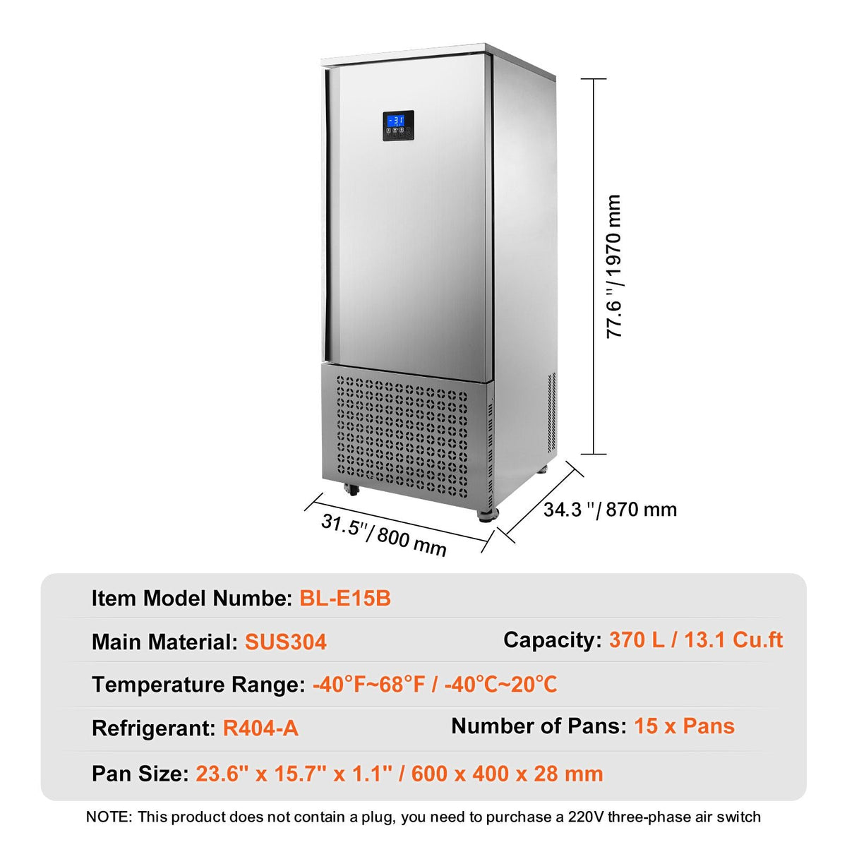 Commercial Blast Freezer, 370 L / 13.1 Cu.ft Blast Chiller with 15 Trays, Blast Chiller Freezer Chest with 4 Freezing Modes, Stainless Steel Food Blast Freezer with Casters