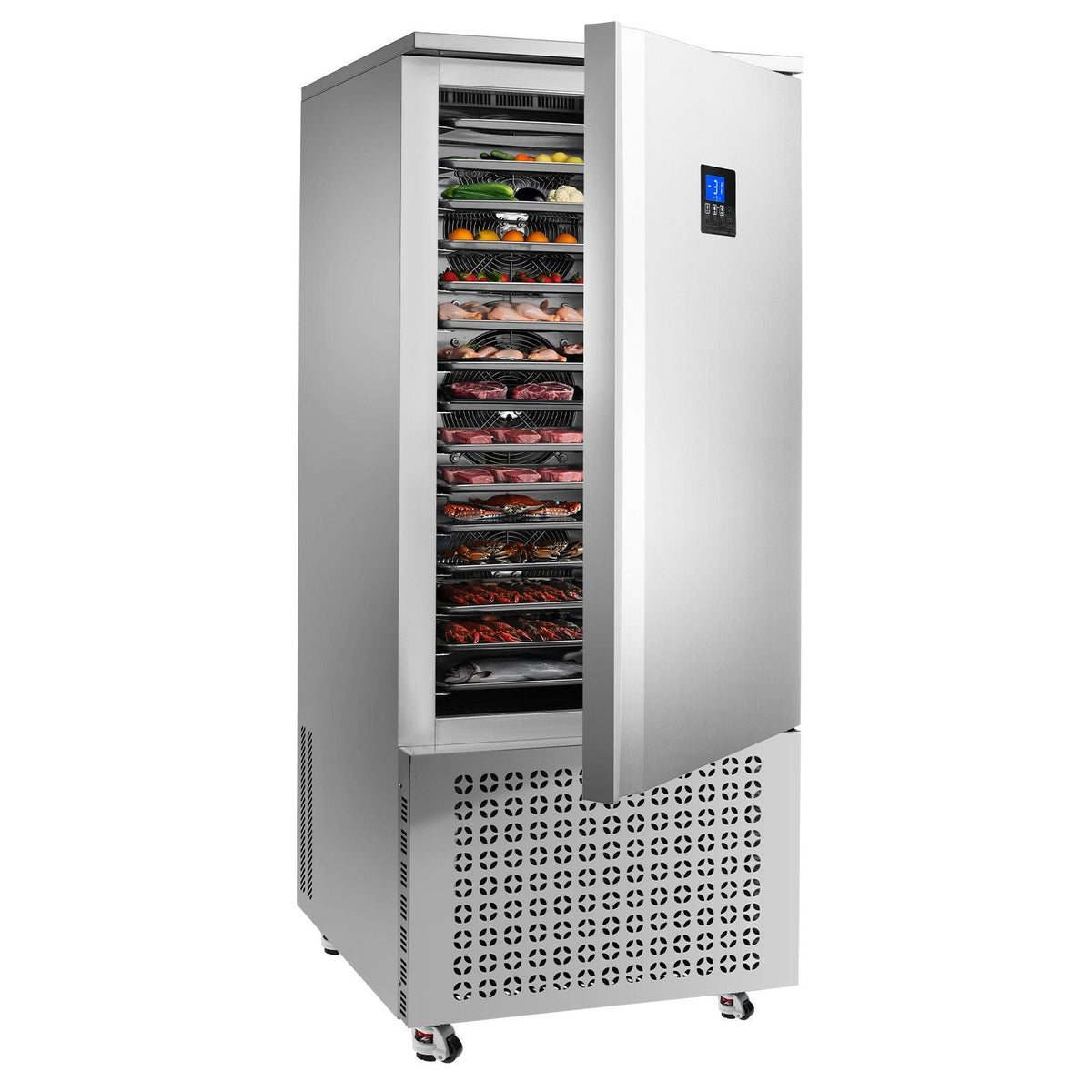 Commercial Blast Freezer, 370 L / 13.1 Cu.ft Blast Chiller with 15 Trays, Blast Chiller Freezer Chest with 4 Freezing Modes, Stainless Steel Food Blast Freezer with Casters