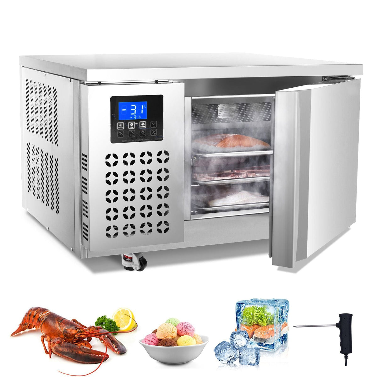 Commercial Blast Freezer, 80 L / 2.8 Cu.ft Blast Chiller with 3 Trays, Blast Chiller Freezer Chest with 4 Freezing Modes, Stainless Steel Food Blast Freezer with Casters for Restaurant, Seafood