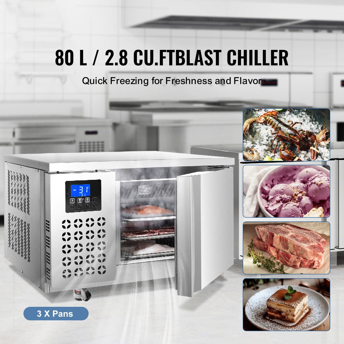Commercial Blast Freezer, 80 L / 2.8 Cu.ft Blast Chiller with 3 Trays, Blast Chiller Freezer Chest with 4 Freezing Modes, Stainless Steel Food Blast Freezer with Casters for Restaurant, Seafood