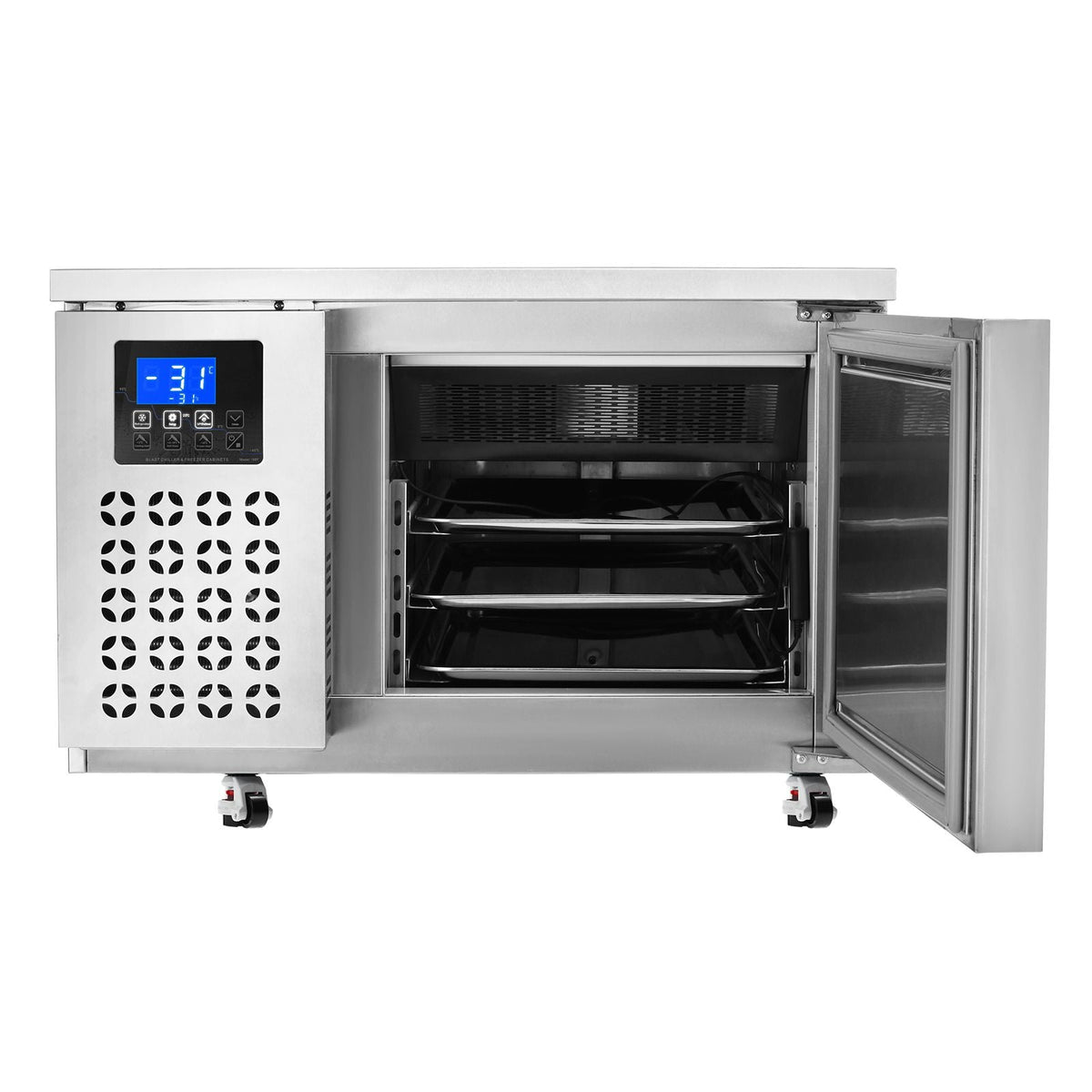 Commercial Blast Freezer, 80 L / 2.8 Cu.ft Blast Chiller with 3 Trays, Blast Chiller Freezer Chest with 4 Freezing Modes, Stainless Steel Food Blast Freezer with Casters for Restaurant, Seafood