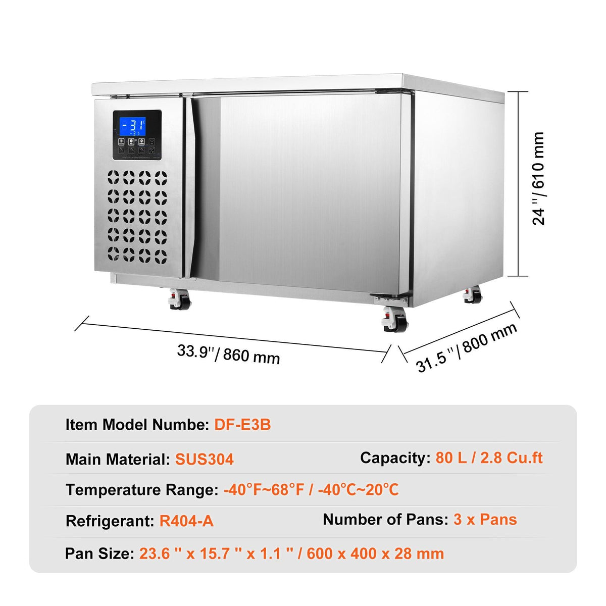 Commercial Blast Freezer, 80 L / 2.8 Cu.ft Blast Chiller with 3 Trays, Blast Chiller Freezer Chest with 4 Freezing Modes, Stainless Steel Food Blast Freezer with Casters for Restaurant, Seafood