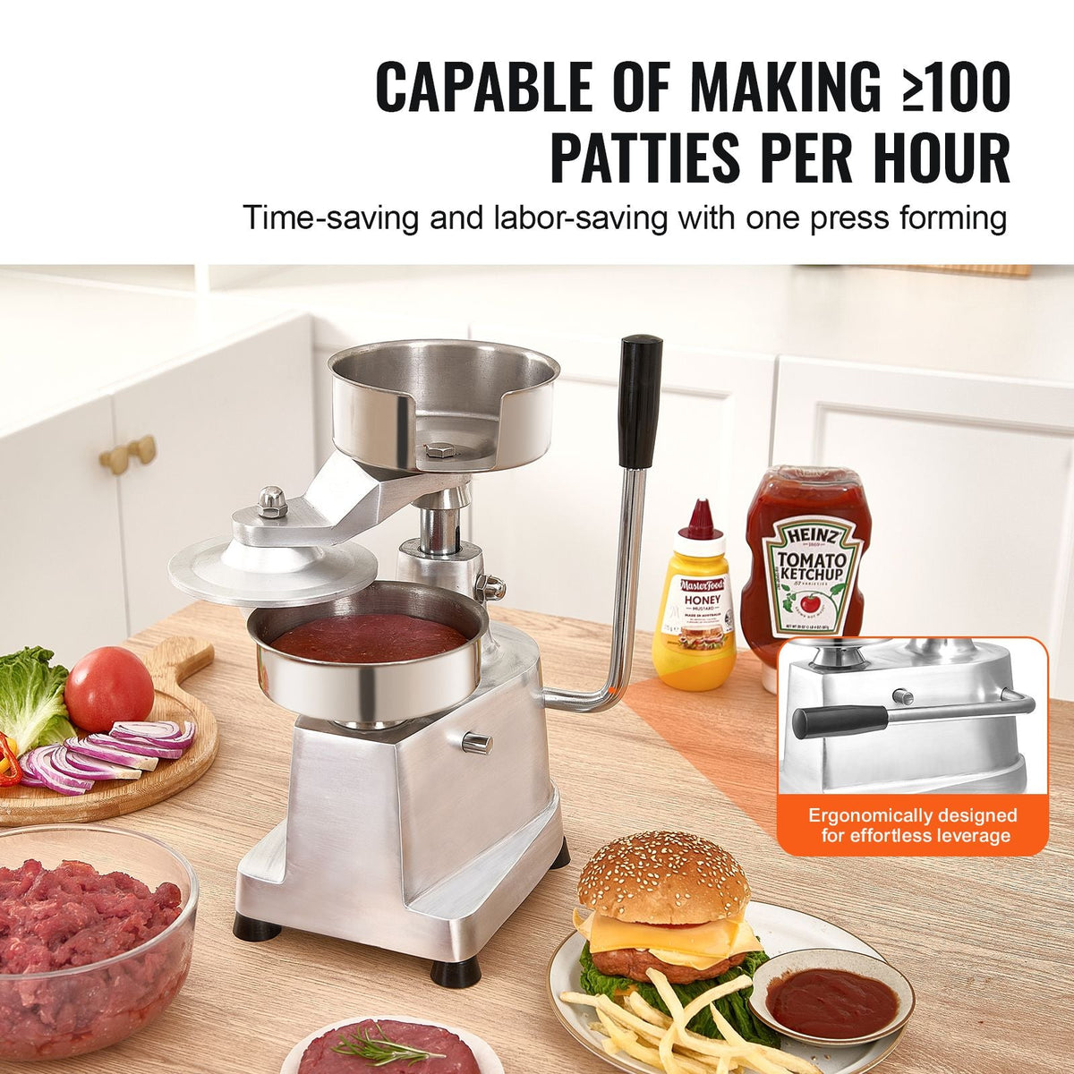 Commercial Burger Patty Maker, 130mm/5inch Hamburger Beef Patty Maker, Heavy Duty Food-Grade Stainless Steel Bowl Burger Press Machine, Kitchen Meat Forming Processor with 1000 Pcs Patty Papers