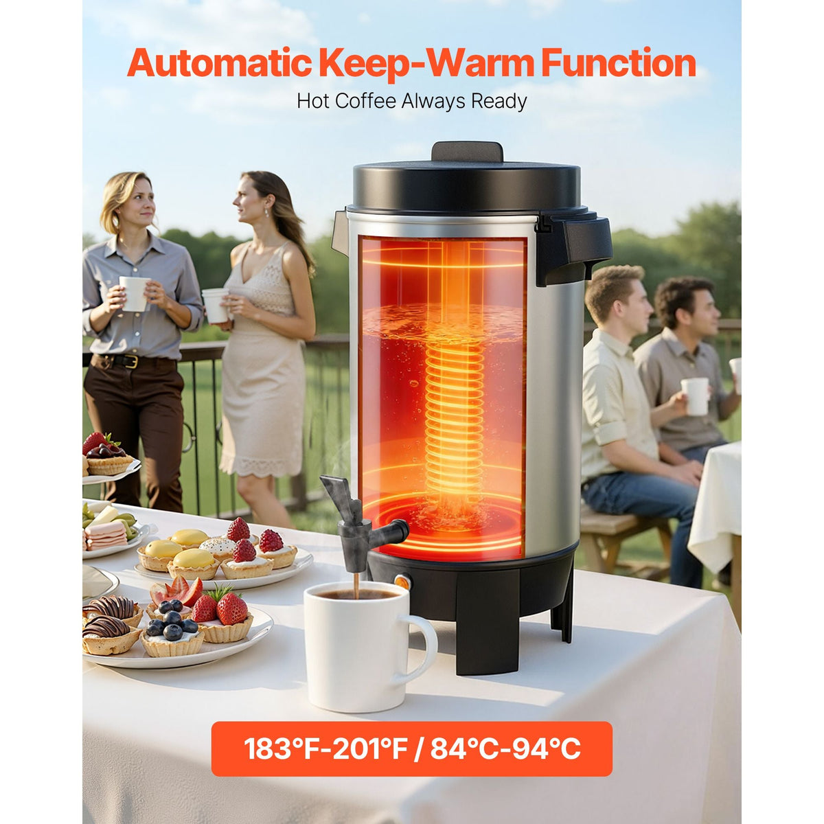Commercial Coffee Urn, 40 Cup 203oz Hot Beverage Dispenser with Dripless Faucet, 1090W Quick-Brewing Coffee Maker, Automatic Temperature Control, for Catering, Party, Church & Restaurant
