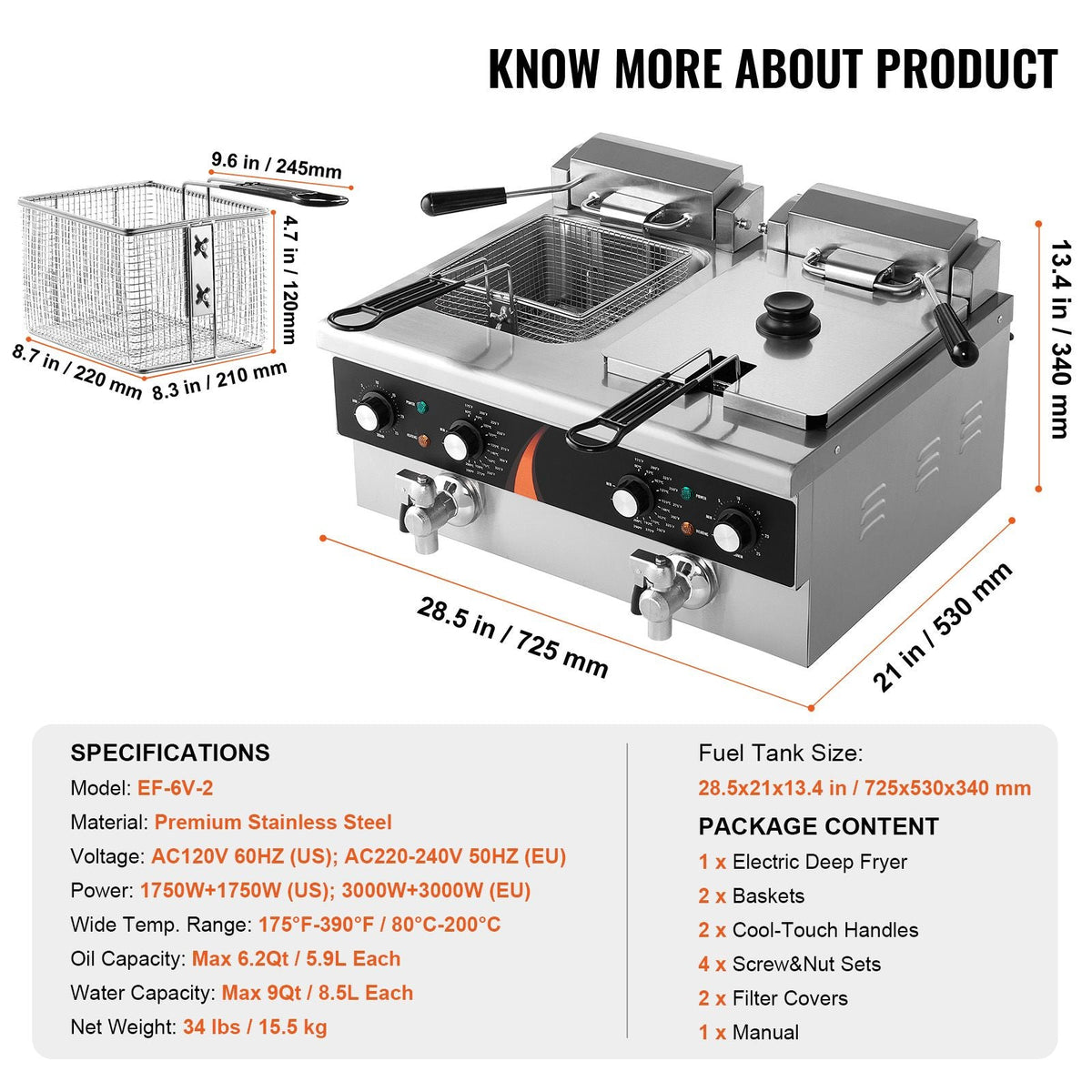Commercial Deep Fryer, Dual Tank 3500W Electric Countertop Fryer, 2 x 9Qt / 8.5L Double Oil Fryer with 2 Baskets, 1mm Thickened Stainless Steel, Time & Temp Control, for Kitchen Restaurant Use