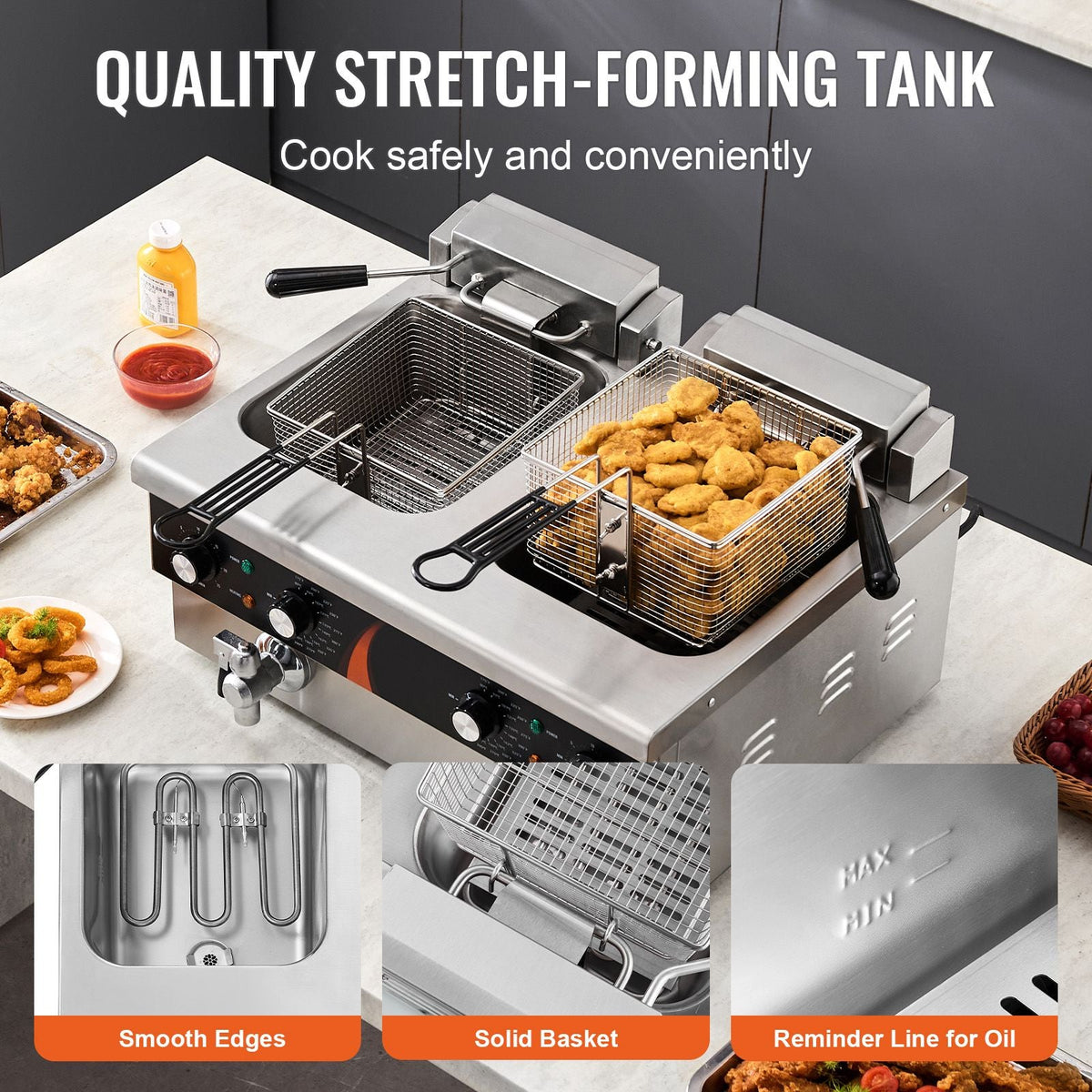 Commercial Deep Fryer, Dual Tank 3500W Electric Countertop Fryer, 2 x 9Qt / 8.5L Double Oil Fryer with 2 Baskets, 1mm Thickened Stainless Steel, Time & Temp Control, for Kitchen Restaurant Use