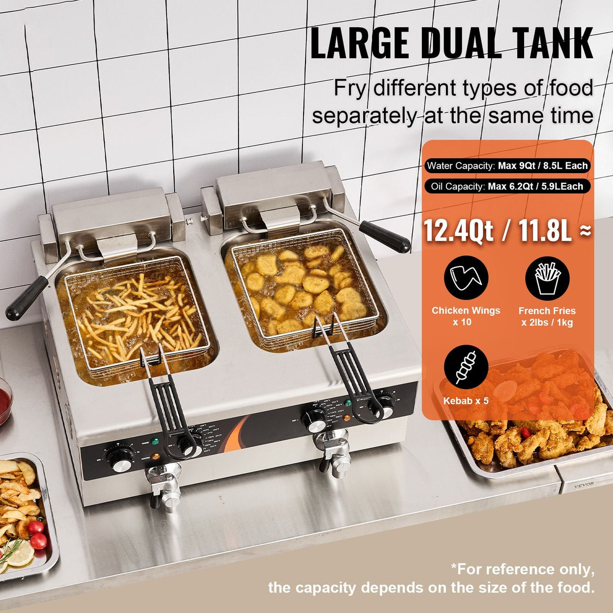 Commercial Deep Fryer, Dual Tank 3500W Electric Countertop Fryer, 2 x 9Qt / 8.5L Double Oil Fryer with 2 Baskets, 1mm Thickened Stainless Steel, Time & Temp Control, for Kitchen Restaurant Use