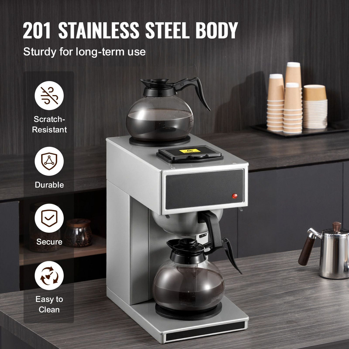 Commercial Drip Coffee Maker, 12 Cups Coffee-Maker Machine with 2 Glass Carafes and 2 Decanter Warmer Plates, Stainless Steel Drip Style Coffee Brewer, for Restaurant, Office, Coffee Shop & Home