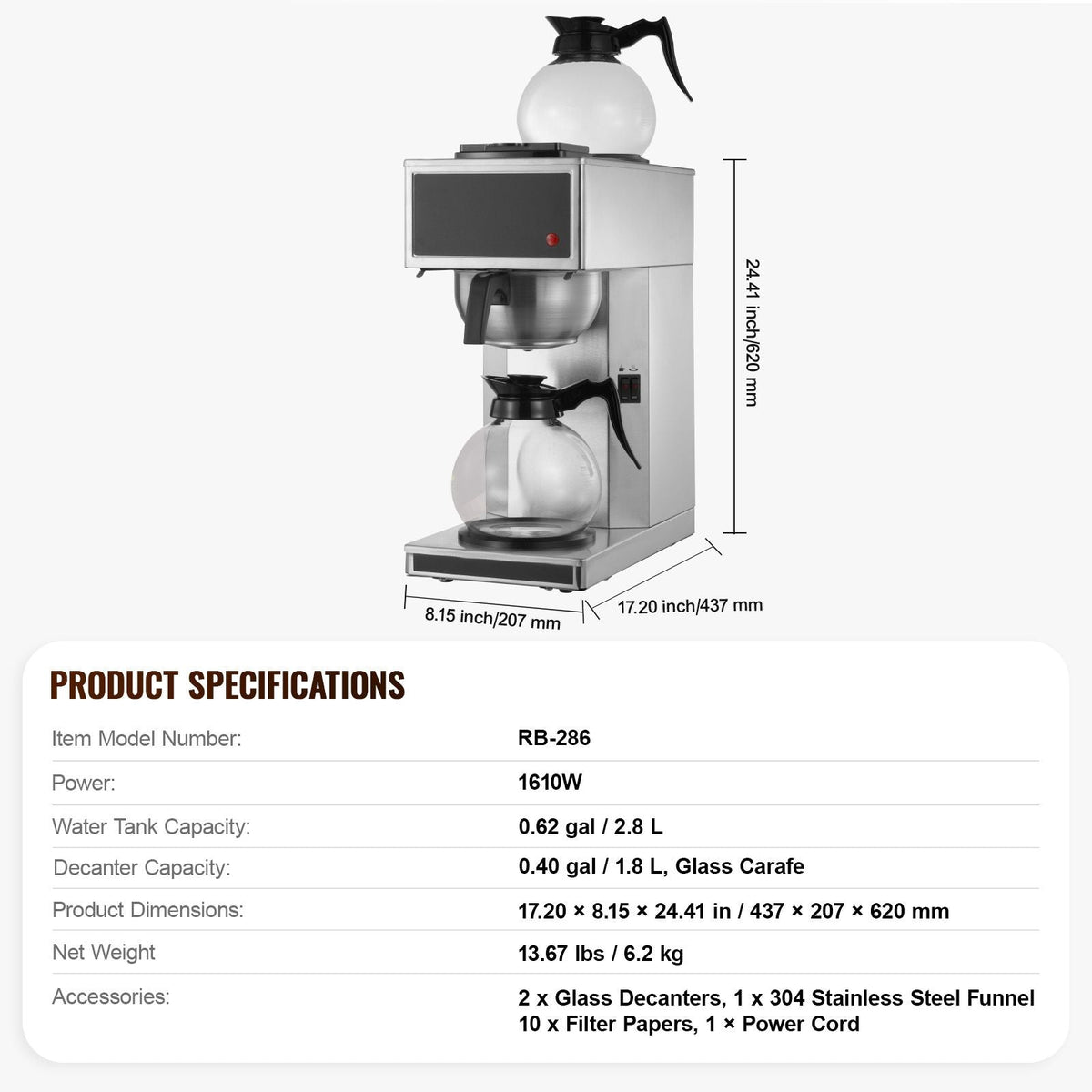 Commercial Drip Coffee Maker, 12 Cups Coffee-Maker Machine with 2 Glass Carafes and 2 Decanter Warmer Plates, Stainless Steel Drip Style Coffee Brewer, for Restaurant, Office, Coffee Shop & Home