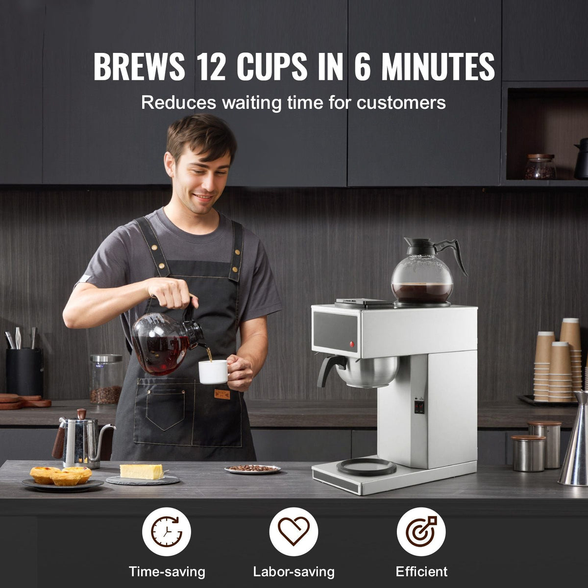 Commercial Drip Coffee Maker, 12 Cups Coffee-Maker Machine with 2 Glass Carafes and 2 Decanter Warmer Plates, Stainless Steel Drip Style Coffee Brewer, for Restaurant, Office, Coffee Shop & Home