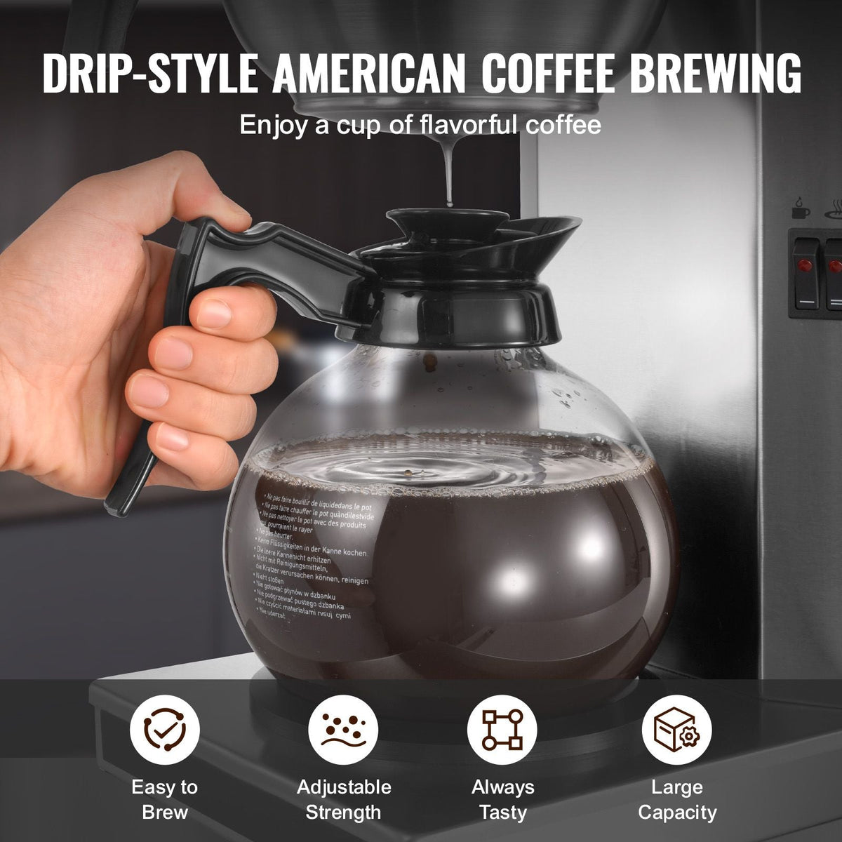 Commercial Drip Coffee Maker, 12 Cups Coffee-Maker Machine with 2 Glass Carafes and 2 Decanter Warmer Plates, Stainless Steel Drip Style Coffee Brewer, for Restaurant, Office, Coffee Shop & Home