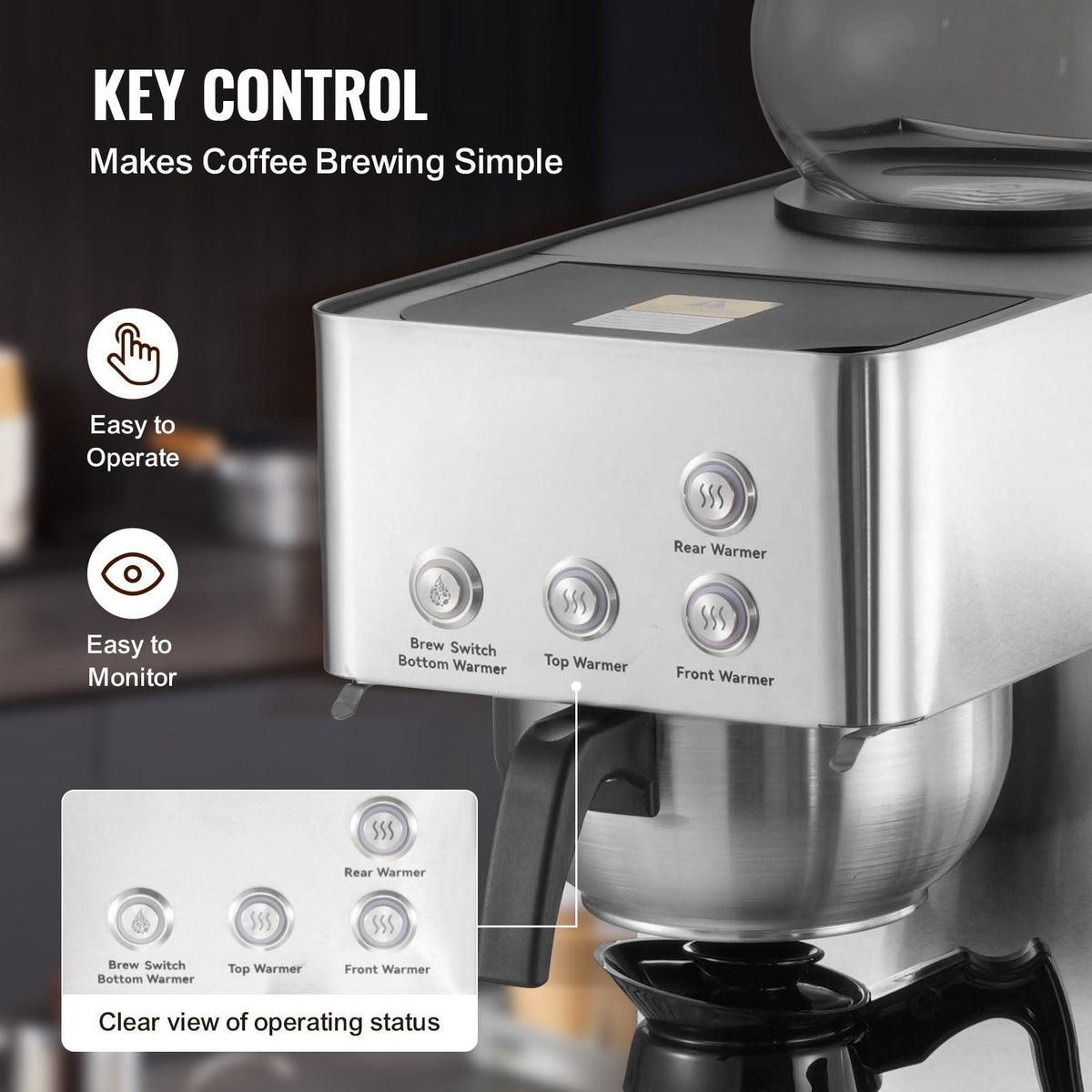 Commercial Drip Coffee Maker, 12 Cups Coffee-Maker Machine with 4 Glass Carafes and 4 Decanter Warmer Plates, Stainless Steel Drip Style Coffee Brewer, for Restaurant, Office, Coffee Shop & Home