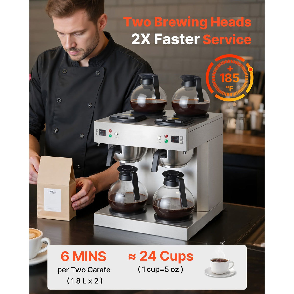 Commercial Drip Coffee Maker, 24 Cups Coffee-Maker Machine with 4 Glass Carafes and 4 Decanter Warmer Plates, Stainless Steel Dual-Head Coffee Brewer, for Restaurant, Office, Coffee Shop & Home