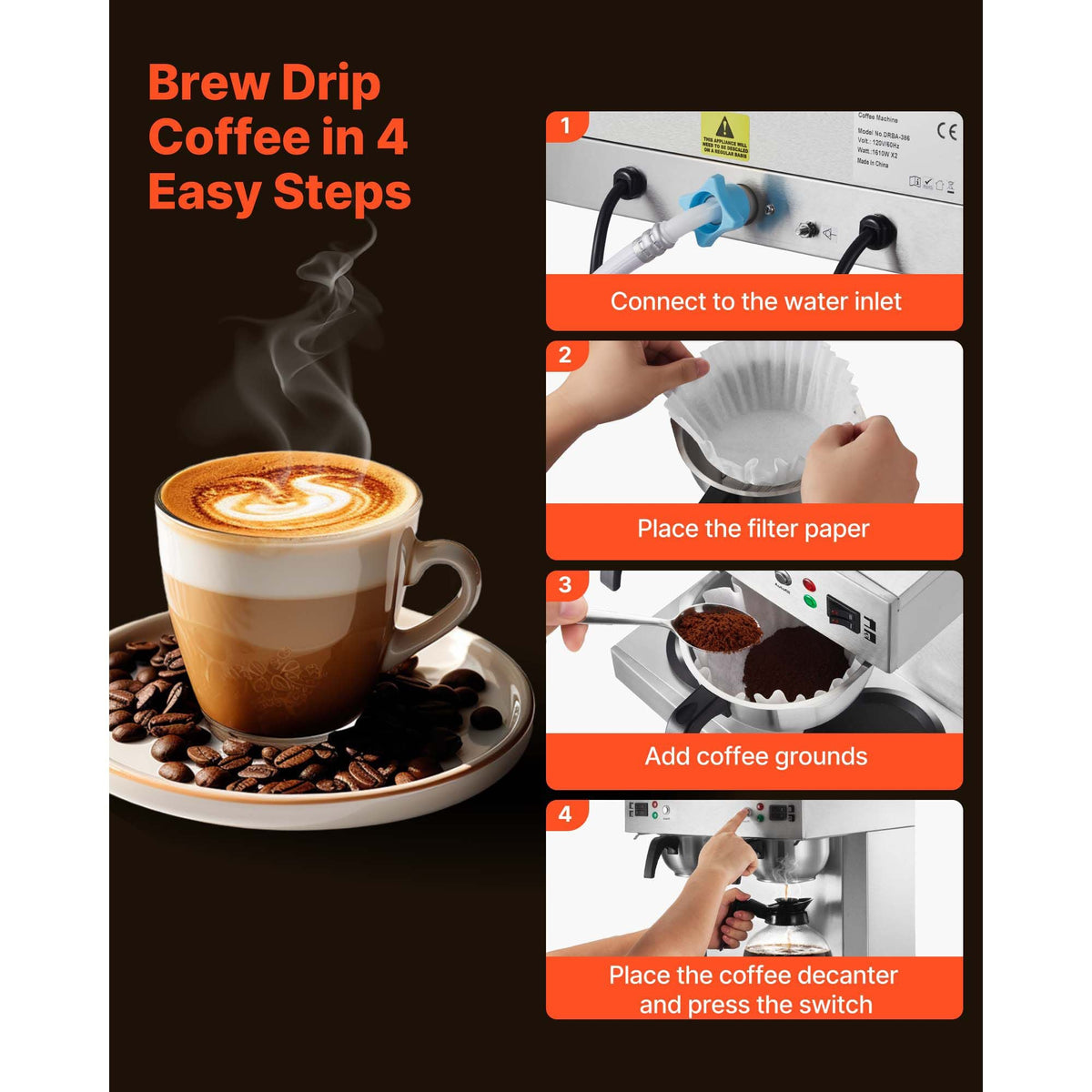 Commercial Drip Coffee Maker, 24 Cups Coffee-Maker Machine with 4 Glass Carafes and 4 Decanter Warmer Plates, Stainless Steel Dual-Head Coffee Brewer, for Restaurant, Office, Coffee Shop & Home