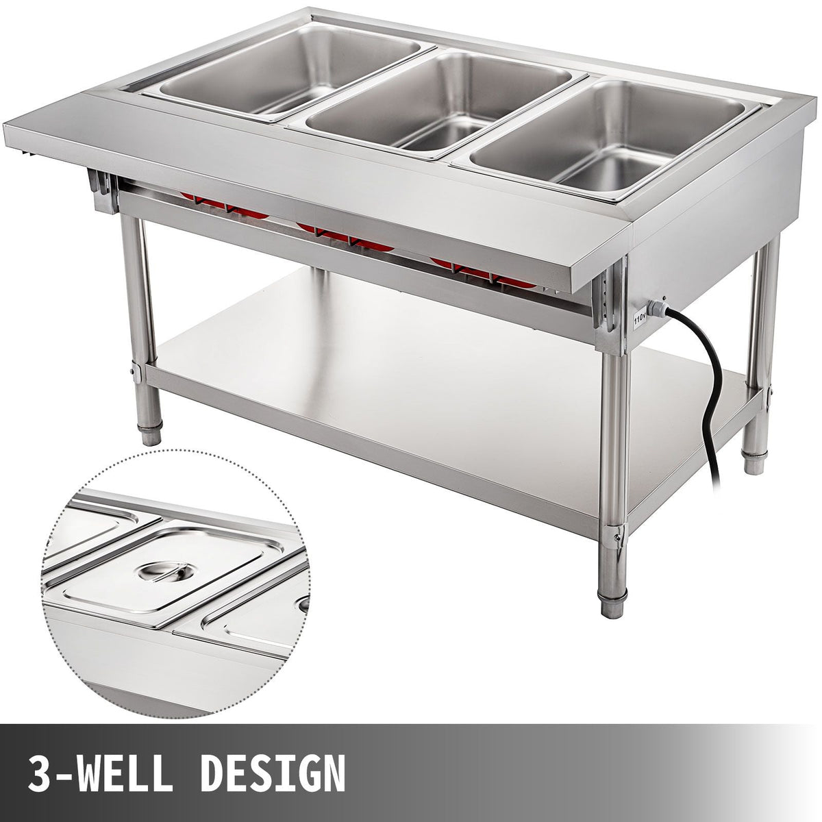 Commercial Electric Food Warmer 3 Pot Steam Table Food Warmer 18 Quart/Pan with Lids with 7 Inch Cutting Board Food Grade Stainless Steel Steam Table Serving Counter 110V 1500W for Restaurant