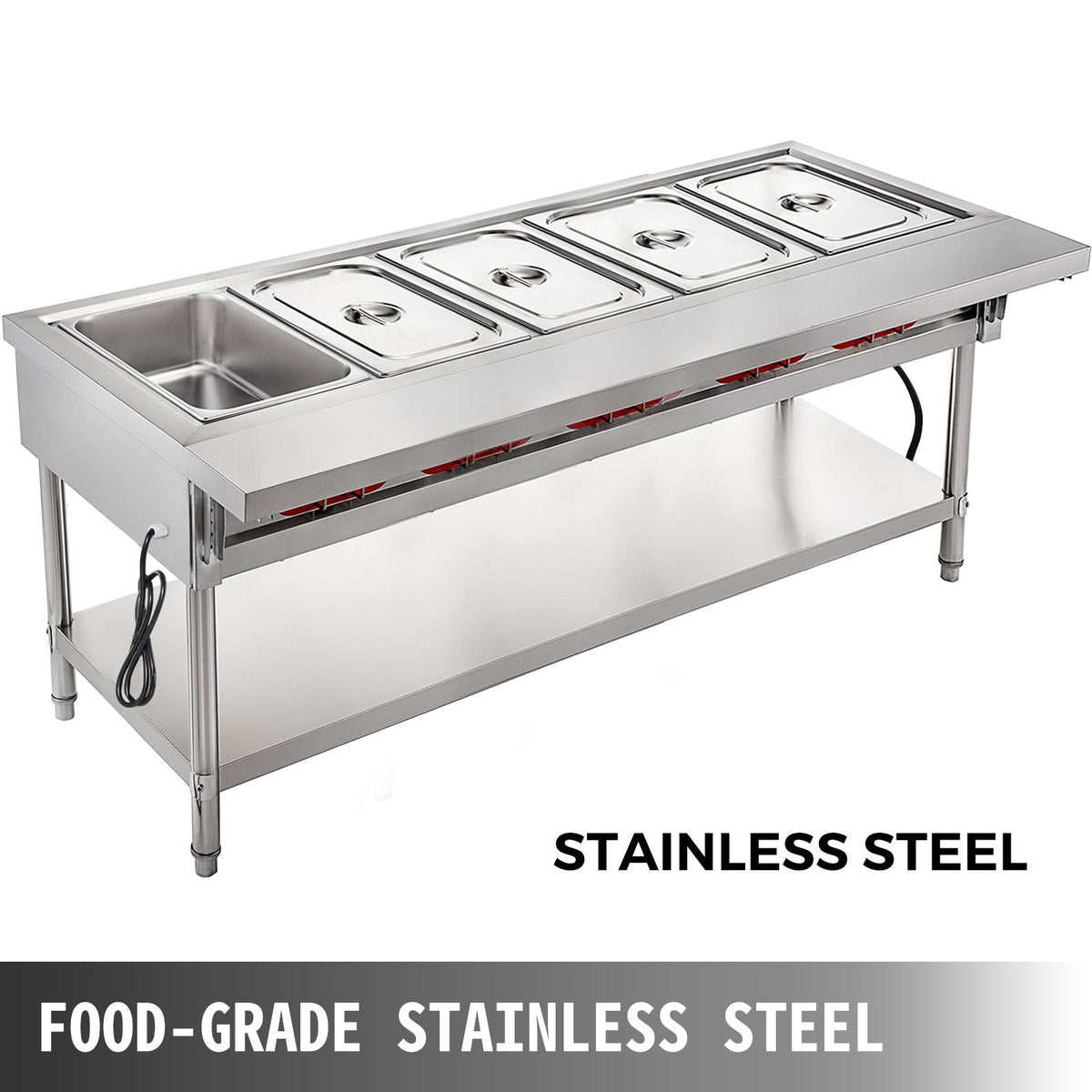 Commercial Electric Food Warmer 5 Pot Steam Table Food Warmer 18 Quart/Pan with Lids with 7 Inch Cutting Board Food Grade Stainless Steel Steam Table Serving Counter 220V 3750W for Restaurant