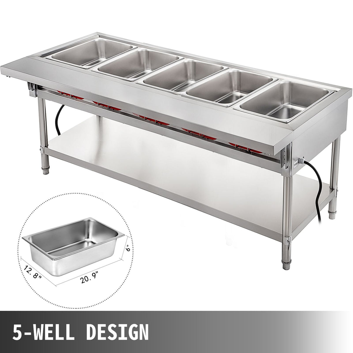 Commercial Electric Food Warmer 5 Pot Steam Table Food Warmer 18 Quart/Pan with Lids with 7 Inch Cutting Board Food Grade Stainless Steel Steam Table Serving Counter 220V 3750W for Restaurant