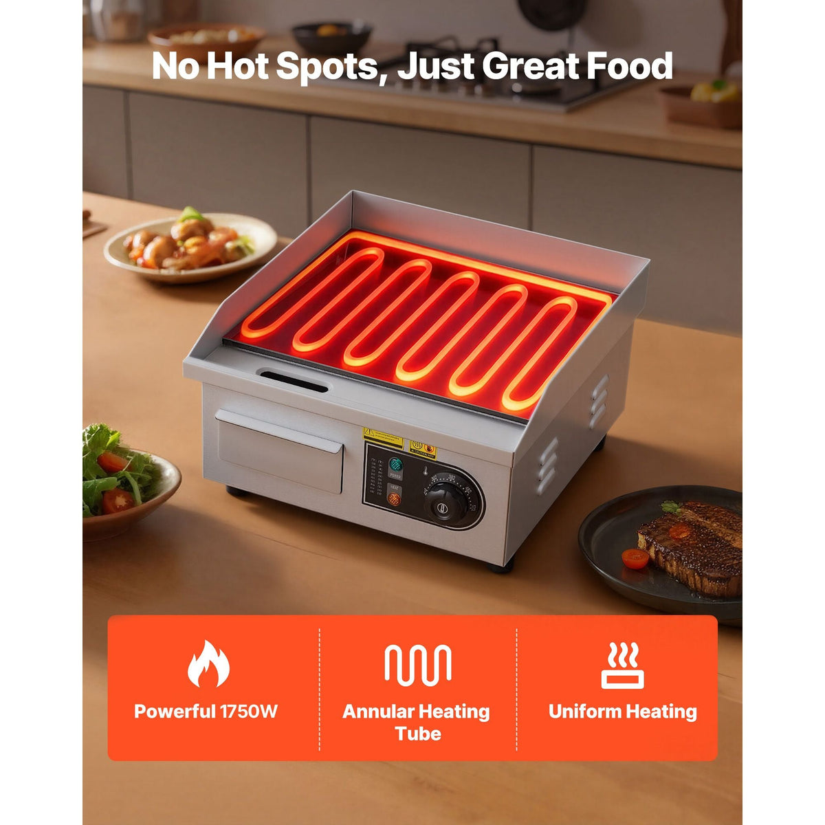 Commercial Electric Griddle, 13.98 x 11.81 inch, 1750W, 122-570°F Adjustable Temp Control, Stainless Steel Countertop Flat Top Grill with 2 Spatulas and 2 Brushes, for Steak, Pancake, Squid