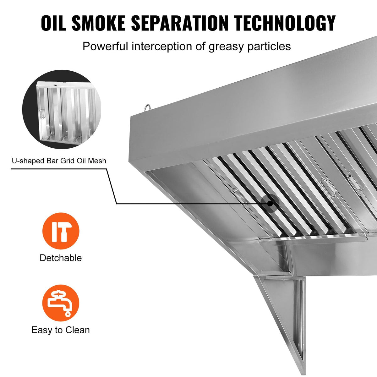 Commercial Exhaust Hood, 6FT Food Truck Hood Exhaust, 201 Stainless Steel Concession Trailer Hood with 3 Detachable U-shaped Grid Oil Filter Mesh, Rust Resistant Vent Hood for Kitchen Restaurant